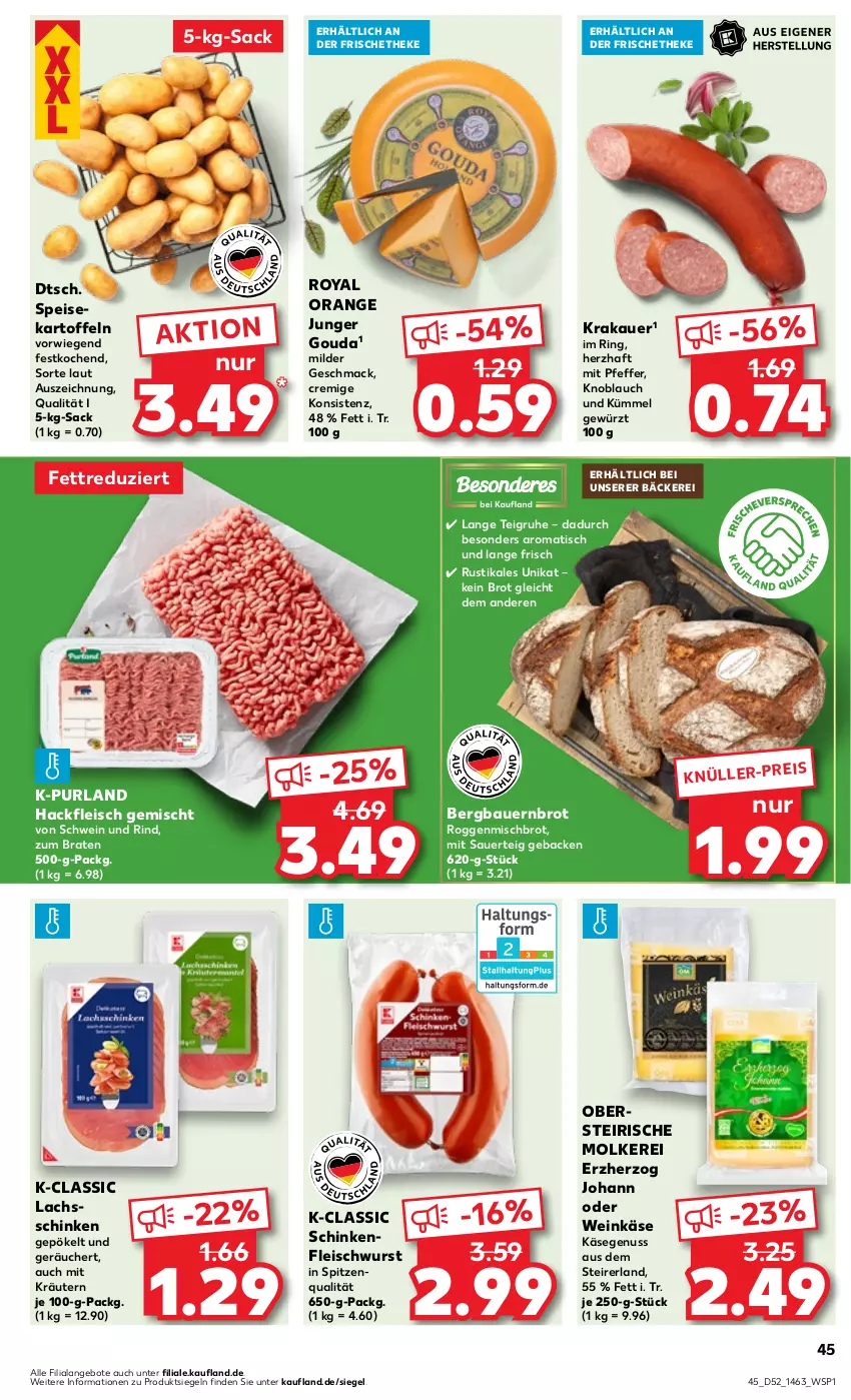 Aktueller Prospekt Kaufland - Prospekt - von 21.12.2023 bis 03.01.2024 - strona 45 - produkty: angebot, angebote, auer, Bau, Bauer, braten, brot, eis, fleisch, fleischwurst, geback, gewürz, gouda, hackfleisch, hackfleisch gemischt, kartoffel, kartoffeln, Käse, knoblauch, krakauer, kräuter, kräutern, lachs, lachsschinken, mac, nuss, orange, pfeffer, purland, rind, ring, sac, schinken, schinkenfleischwurst, schwein, schwein und rind, speisekartoffeln, spitzenqualität, Ti, tisch, wein, Weinkäse, wurst