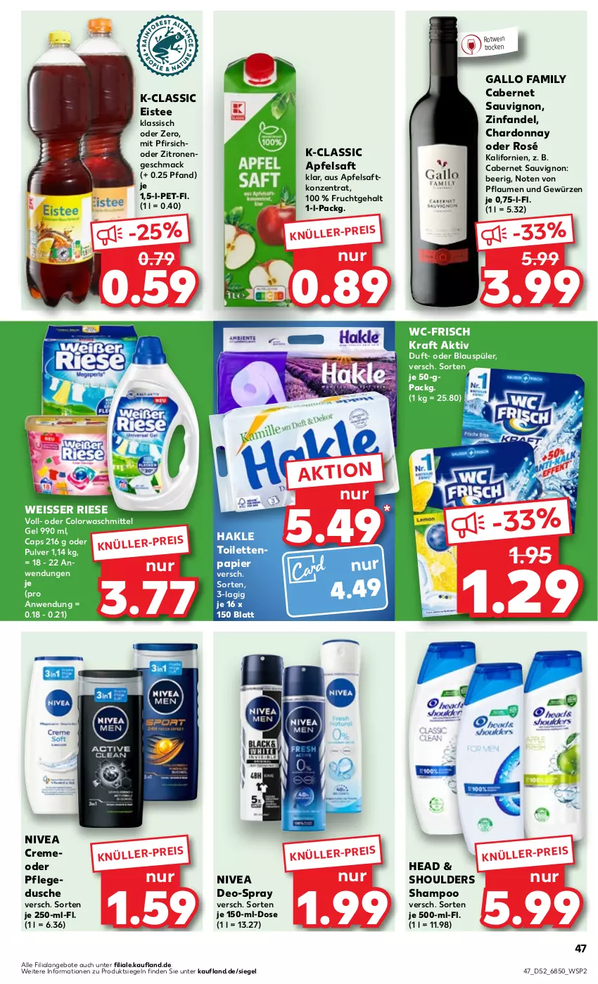 Aktueller Prospekt Kaufland - Prospekt - von 21.12.2023 bis 03.01.2024 - strona 47 - produkty: angebot, angebote, apfel, apfelsaft, cabernet, cabernet sauvignon, Cap, chardonnay, colorwaschmittel, creme, deo, dusche, eis, eistee, frucht, gallo, gallo family, gewürz, hakle, hakle toilettenpapier, kraft, mac, nivea, papier, pfirsich, pflaume, pflaumen, pflegedusche, rotwein, saft, sauvignon, shampoo, tee, Ti, toilettenpapier, waschmittel, wein, Weisser Riese, zitrone, zitronen