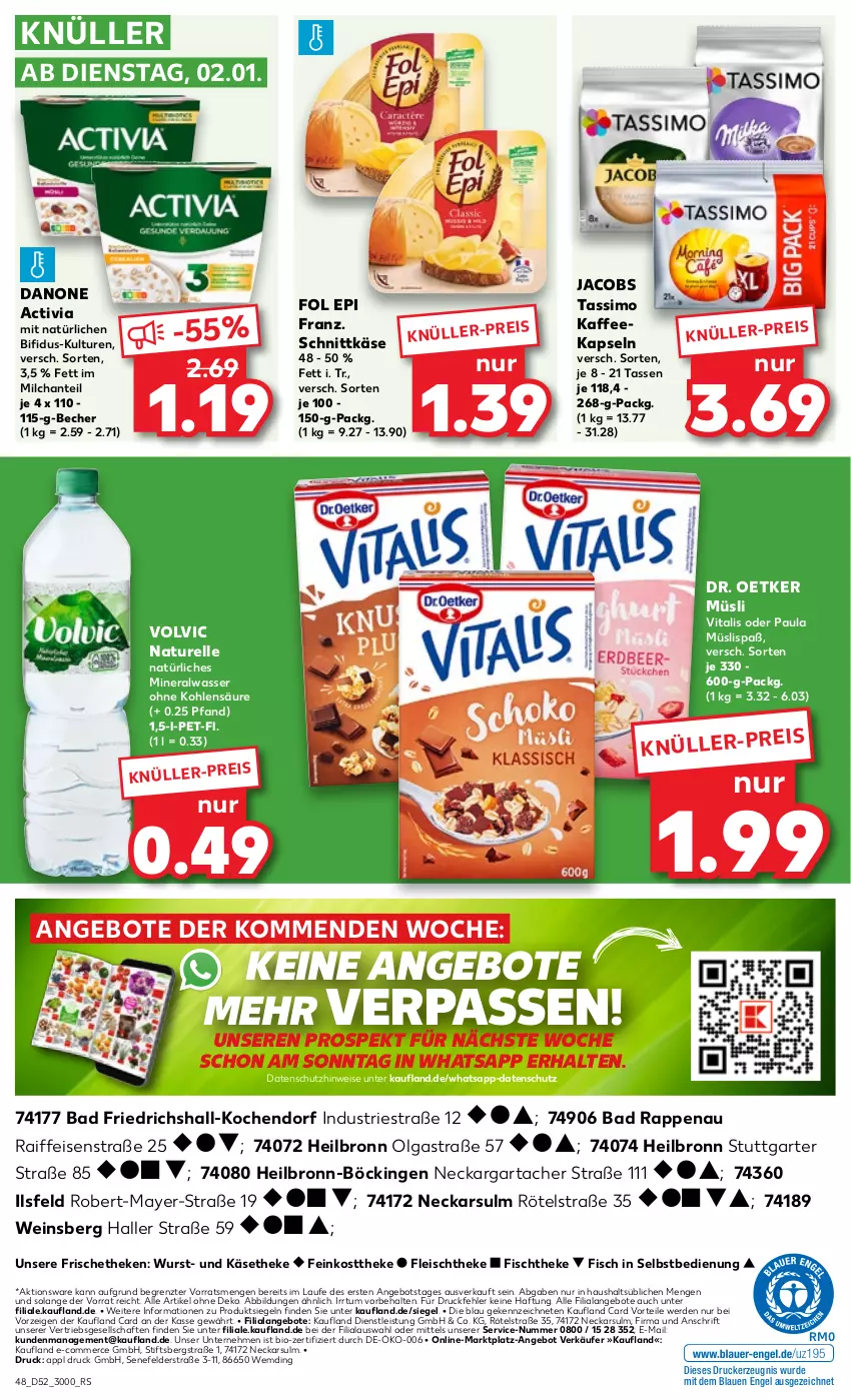 Aktueller Prospekt Kaufland - Prospekt - von 21.12.2023 bis 03.01.2024 - strona 48 - produkty: activia, Alwa, angebot, angebote, Astra, Bad, Becher, bifi, bio, danone, danone activia, Dr. Oetker, drucker, eis, elle, Engel, erde, feinkost, feinkosttheke, fisch, fischtheke, fleisch, fol epi, jacobs, jacobs tassimo, kaffee, kaffeekapseln, Käse, käsetheke, kerze, LG, milch, mineralwasser, müsli, natur, natürliches mineralwasser, Paula, rel, schnittkäse, sim, tasse, tassimo, Ti, vita, vitalis, volvic, wasser, wein, wurst, ZTE