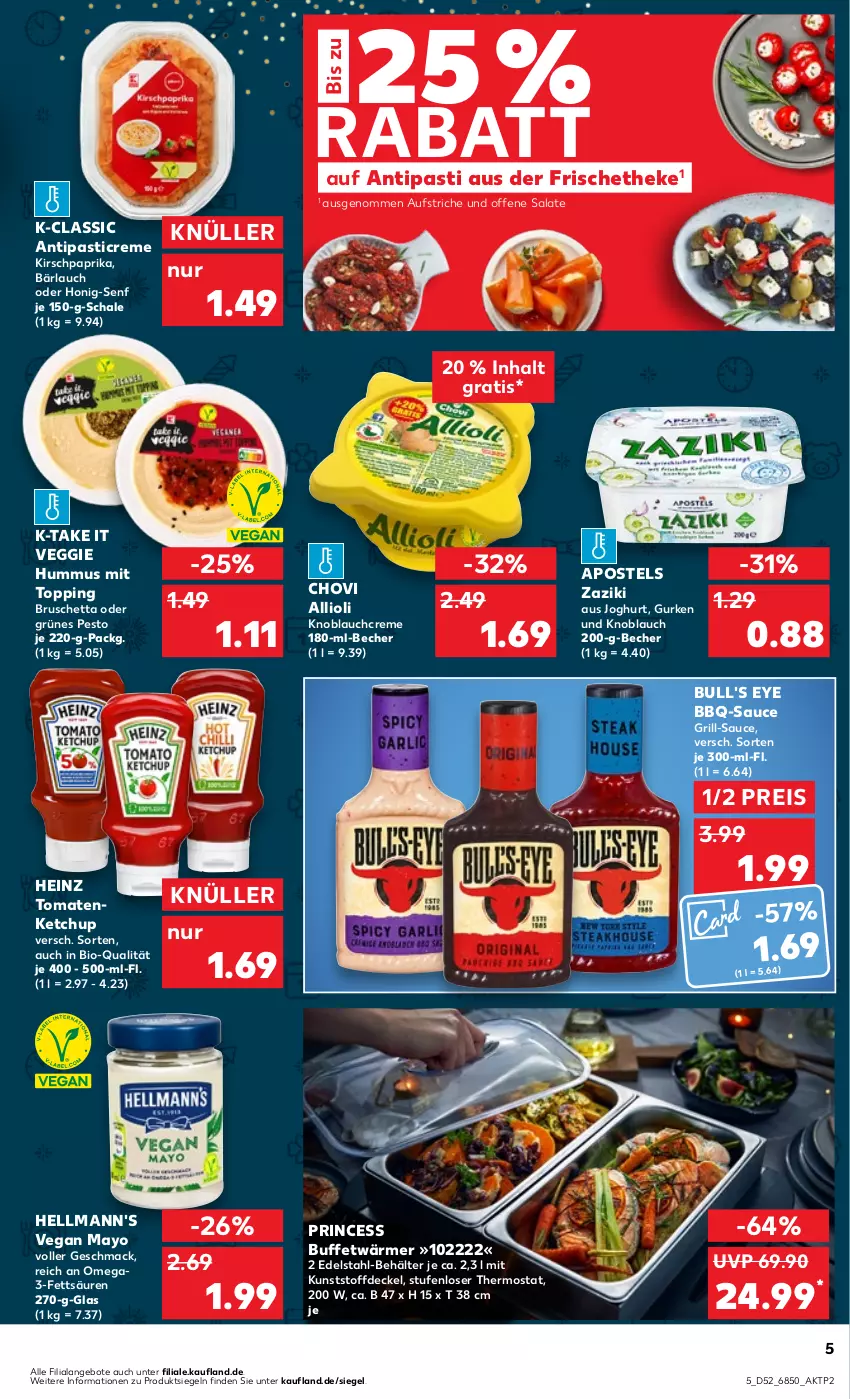 Aktueller Prospekt Kaufland - Prospekt - von 21.12.2023 bis 03.01.2024 - strona 5 - produkty: allioli, angebot, angebote, antipasti, apostels, asti, aufstrich, bbq-sauce, Becher, Behälter, bio, chovi, creme, decke, Deckel, edelstahl, eis, grill, gurke, gurken, heinz, Hellmann's, honig, Honig-Senf, HP, hummus, joghur, joghurt, ketchup, kirsch, knoblauch, Knoblauchcreme, mac, omega, paprika, pesto, reis, salat, salate, sauce, Schal, Schale, senf, thermostat, Ti, tomate, tomaten, tomatenketchup, veggie, Yo, zaziki