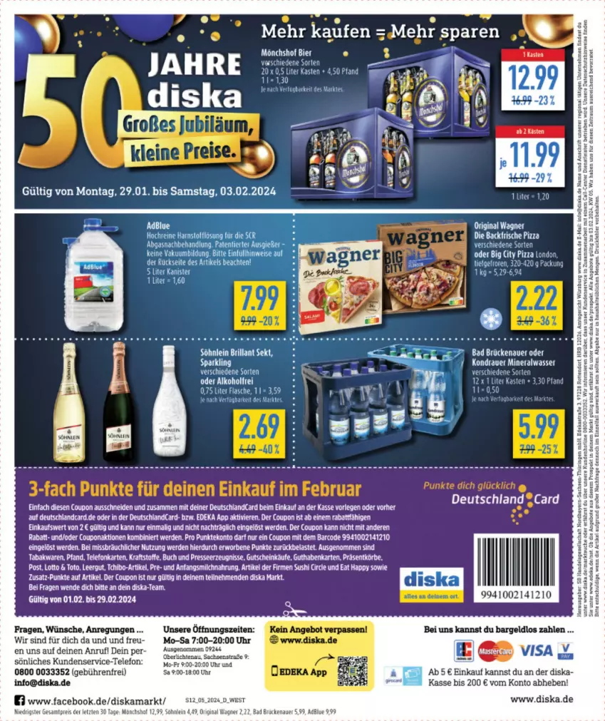 Aktueller Prospekt Diska - von 29.01 bis 03.02.2024 - strona 12 - produkty: adblue, alkohol, Alwa, angebot, angebote, auer, Bad, bier, brillant sekt, coupon, deka, deutschlandcard, eis, ente, gin, gutschein, kiri, LG, milch, mineralwasser, mönchshof, original wagner, pizza, reis, Roller, sac, sekt, söhnlein, söhnlein brillant, tee, telefon, Ti, uhr, wagner, wasser, ZTE