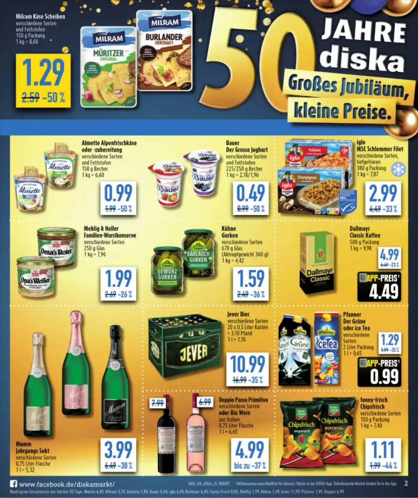 Aktueller Prospekt Diska - von 29.01 bis 03.02.2024 - strona 2 - produkty: almette, alpenfrischkäse, Becher, burlander, elle, frischkäse, gin, Käse, mehl, Mett, milram, tee, Ti, wurst