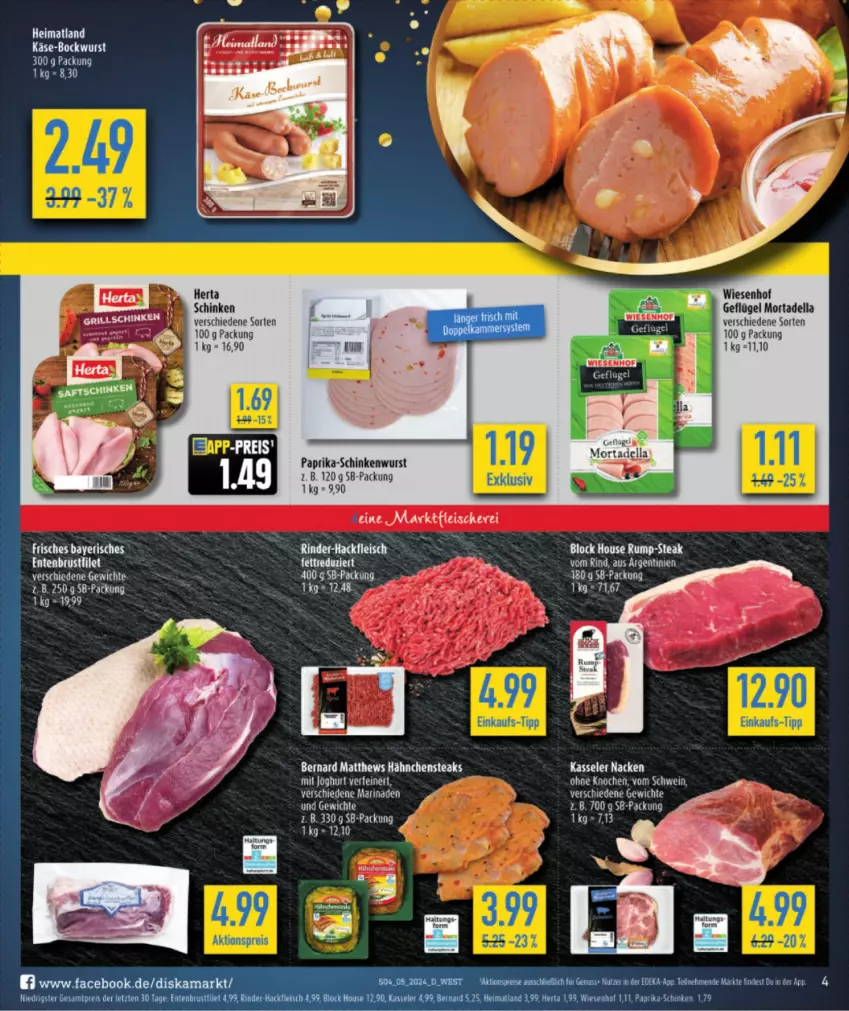 Aktueller Prospekt Diska - von 29.01 bis 03.02.2024 - strona 4 - produkty: bier, deka, dell, Geflügel, Hähnchensteak, hähnchensteaks, joghur, joghurt, kasseler, leine, marinade, mortadella, nuss, paprika, rind, schinken, schinkenwurst, schwein, steak, steaks, tee, Ti, wein, wiesenhof, wurst