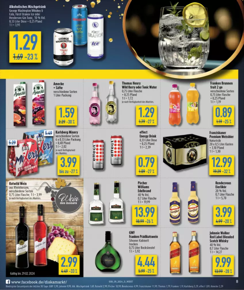 Aktueller Prospekt Diska - von 29.01 bis 03.02.2024 - strona 8 - produkty: alkohol, amecke, beutel, bier, blended scotch, blended scotch whisky, brunnen, drink, Effect, eier, eierlikör, eis, energy drink, flasche, franken brunnen, franziskaner, getränk, johnnie walker, kabinett, karlsberg, karlsberg mixery, likör, Mixer, mixery, natur, pircher, reis, säfte, scotch, scotch whisky, silvaner, thomas henry, Ti, tonic, tonic water, wein, weissbier, whisky, Wild, wild berry, ZTE