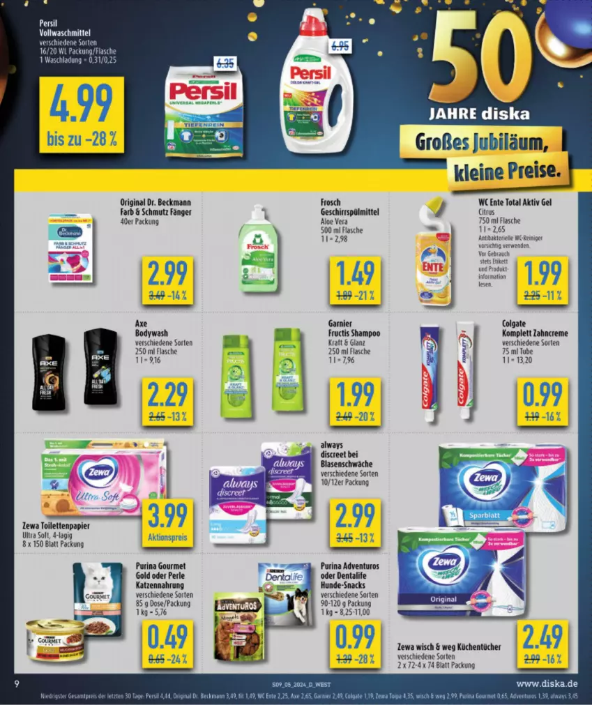 Aktueller Prospekt Diska - von 29.01 bis 03.02.2024 - strona 9 - produkty: adventuros, aktiv gel, aloe vera, axe, body, citrus, colgate, creme, Discreet, Dr. Beckmann, eis, elle, ente, flasche, Frosch, fructis, garnier, geschirr, geschirrspülmittel, gin, gourmet gold, katzennahrung, küche, Küchen, küchentücher, leine, LG, papier, purina, Rauch, reiniger, reis, rwe, shampoo, snack, snacks, spülmittel, tee, Ti, toilettenpapier, tücher, vollwaschmittel, waschmittel, wc ente, zahncreme