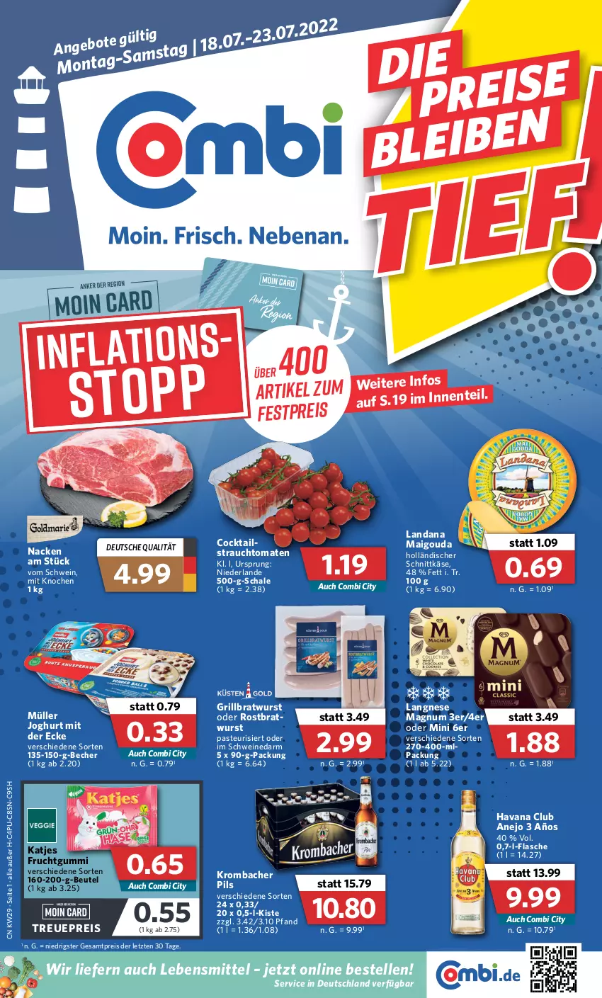 Aktueller Prospekt Combi - Prospekte - von 18.07 bis 23.07.2022 - strona 1 - produkty: Becher, beutel, bratwurst, cocktail, eis, elle, flasche, frucht, fruchtgummi, gouda, grill, grillbratwurst, Havana Club, holländischer schnittkäse, joghur, joghurt, joghurt mit der ecke, Käse, katjes, krombache, krombacher, krombacher pils, langnese, lebensmittel, magnum, Müller, pils, Rauch, reis, rostbratwurst, Schal, Schale, schnittkäse, schwein, schweine, strauchtomaten, Ti, tomate, tomaten, wein, weine, wurst, ZTE