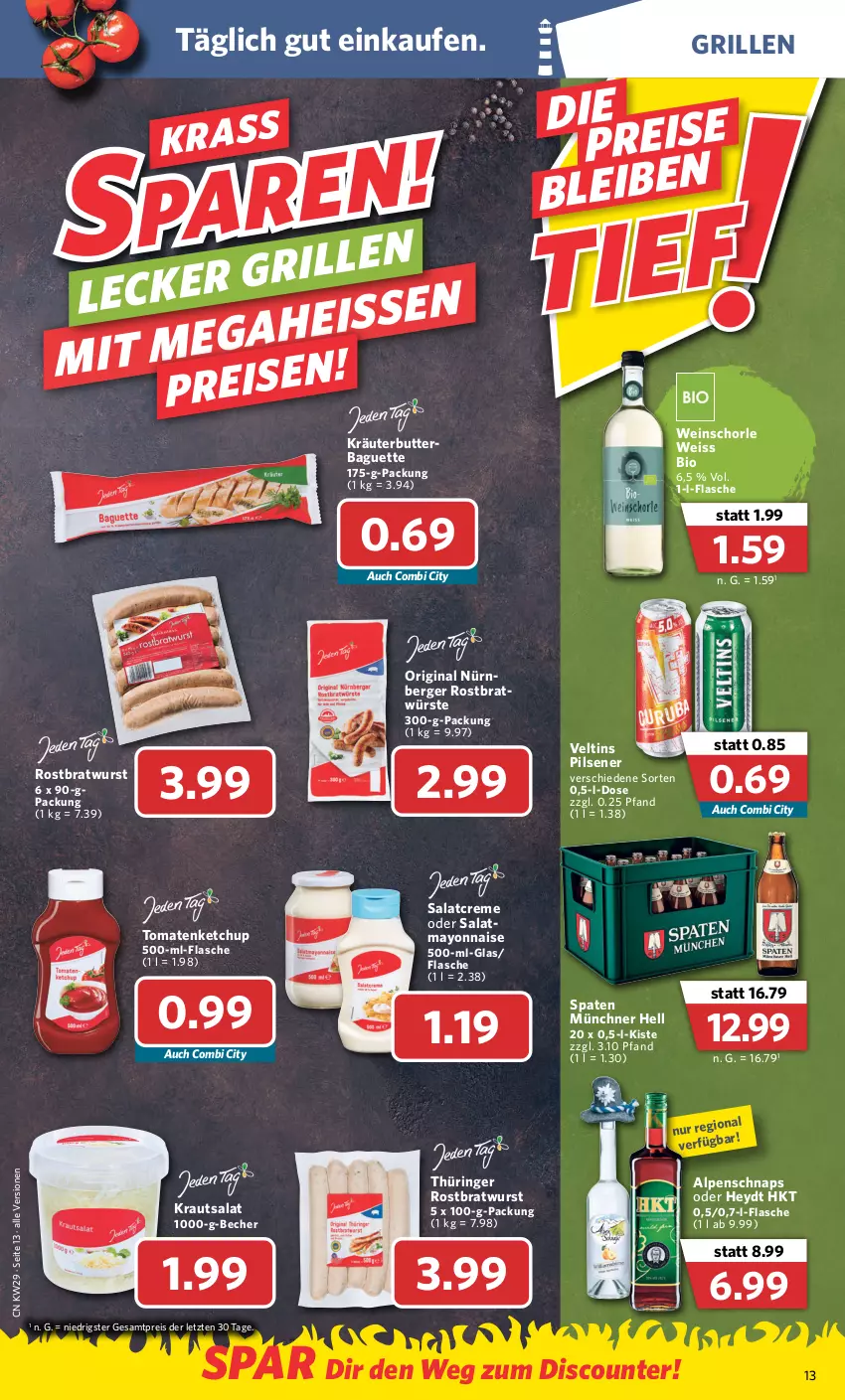 Aktueller Prospekt Combi - Prospekte - von 18.07 bis 23.07.2022 - strona 13 - produkty: baguette, Becher, Berger, bio, bratwurst, butter, creme, discount, eis, flasche, gin, grill, ketchup, Kraut, kräuter, kräuterbutter, Kräuterbutterbaguette, krautsalat, mayonnaise, nürnberger, pils, pilsener, reis, ring, rostbratwurst, salat, salatcreme, schorle, Spaten, thüringer rostbratwurst, Ti, tomate, tomaten, veltins, veltins pilsener, wein, weinschorle, wurst, Yo, ZTE