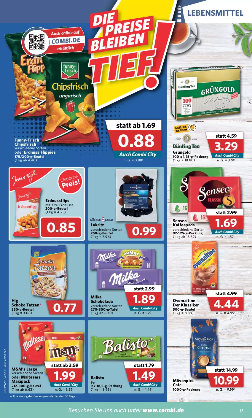 Aktueller Prospekt Combi - Prospekte - von 18.07 bis 23.07.2022 - strona 15 - produkty: balisto, beutel, chips, chipsfrisch, eis, erdnuss, erdnüsse, flippies, funny-frisch, kaffee, kaffeepads, Lakritz, lebensmittel, malteser, milka, milka schokolade, mövenpick, nuss, ovomaltine, reis, schoko, schokolade, senseo, Ti, ZTE