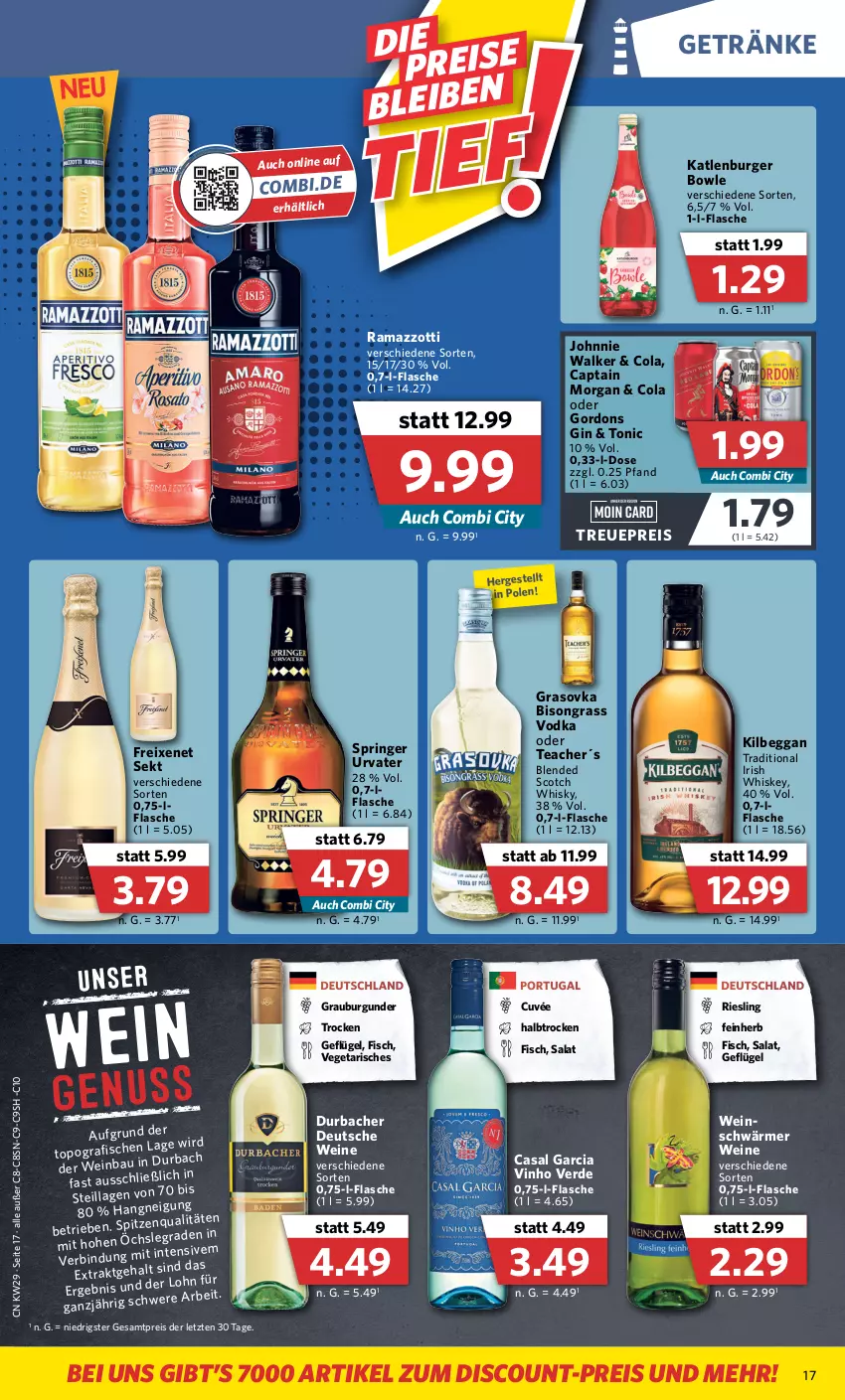 Aktueller Prospekt Combi - Prospekte - von 18.07 bis 23.07.2022 - strona 17 - produkty: blended scotch, blended scotch whisky, bowle, burger, burgunder, Cap, captain morgan, casal garcia, cola, cuvée, discount, eis, erde, fisch, fische, flasche, freixenet, Geflügel, getränk, getränke, gin, gordon, gordons, grauburgunder, irish whiskey, johnnie walker, katlenburger, kilbeggan, rama, ramazzott, ramazzotti, reis, riesling, ring, salat, scotch, scotch whisky, sekt, Ti, tonic, urvater, Vegeta, vinho verde, vodka, wein, weine, whiskey, whisky, zott, ZTE