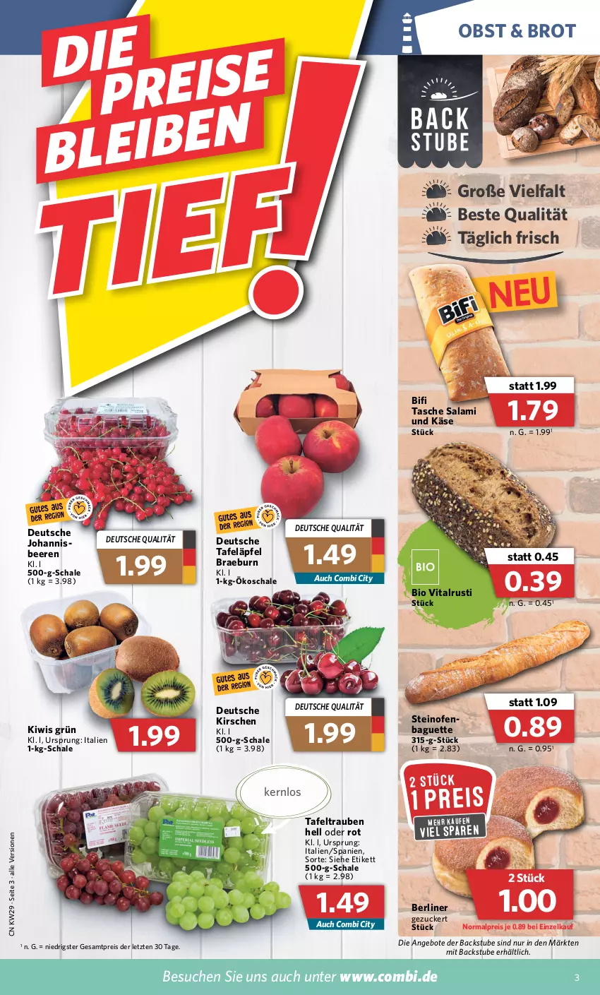 Aktueller Prospekt Combi - Prospekte - von 18.07 bis 23.07.2022 - strona 3 - produkty: angebot, angebote, baguette, beere, beeren, berliner, bifi, bio, brot, eis, Käse, kirsch, kirsche, kirschen, kiwi, obst, Ofen, reis, salami, Schal, Schale, steinofen, stube, tafeläpfel, tafeltrauben, Tasche, Ti, trauben, vita, ZTE, zucker