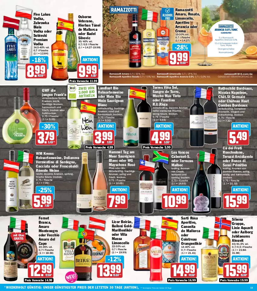 Aktueller Prospekt Hit - Wochenprospekt - von 10.11 bis 15.11.2025 - strona 13 - produkty: Aalborg, ACC, aldi, amaro, Amaro del Capo, aqua, aquavit, aust, Bad, beere, beeren, bio, Bona, cabernet, canon, Cap, cassis, cola, eis, ente, Fernet, fernet branca, flasche, frucht, früchte, Germ, grappa, licor, likör, limo, monte, orange, orangen, osborne, premium vodka, primitivo, rama, ramazzott, ramazzotti, rebsortenweine, reis, rioja, rosato, saft, sauvignon, sauvignon blanc, Ti, tisch, veterano, vodka, wein, weine, zott, ZTE