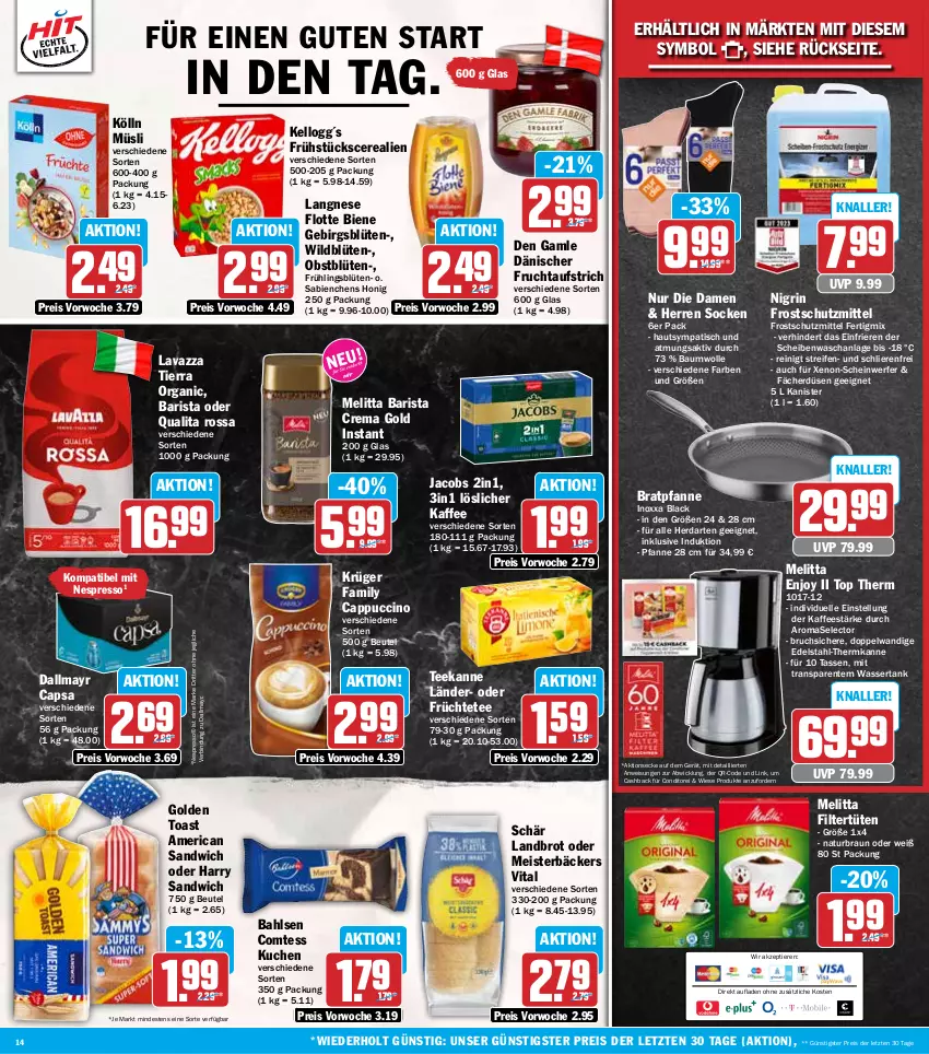 Aktueller Prospekt Hit - Wochenprospekt - von 10.11 bis 15.11.2025 - strona 14 - produkty: aufstrich, bahlsen, Bau, baumwolle, beutel, Blüte, bratpfanne, braun, brot, Cap, cappuccino, cerealien, cin, comtess, comtess kuchen, dallmayr, dallmayr capsa, den gamle, edelstahl, eis, elle, ente, espresso, frucht, fruchtaufstrich, früchte, Früchtetee, golden toast, herdarten, honig, jacobs, kaffee, kölln, krüger, kuchen, lack, langnese, lavazza, löslicher kaffee, Meister, melitta, müsli, natur, nespresso, Nigrin, obst, pfanne, reifen, reis, ritter, sandwich, socken, tasse, tee, teekanne, Ti, Tiere, tisch, toast, Tüte, vita, wasser, wassertank, WICK, Wild, wolle, ZTE