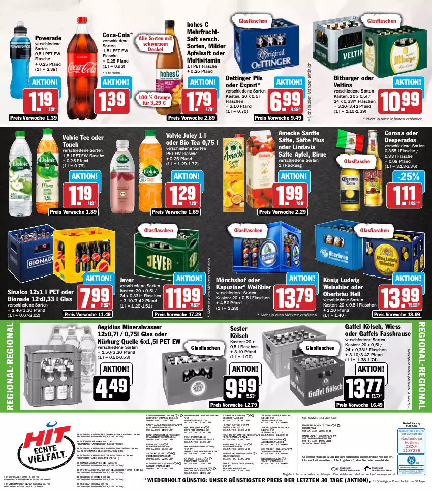 Aktueller Prospekt Hit - Wochenprospekt - von 10.11 bis 15.11.2025 - strona 19 - produkty: aeg, Alwa, amecke, angebot, angebote, apfel, apfelsaft, auer, Bad, bier, bio, bionade, bitburger, braun, brause, burger, coca-cola, cola, corona, decke, Deckel, desperados, eimer, eis, elle, Engel, fassbrause, fisch, flasche, frucht, fruchtsaft, glasflasche, Hohes C, jever, Lübecker, mineralwasser, mönchshof, oettinger, orange, pils, Rauch, reis, saft, säfte, sinalco, tee, Ti, uhr, veltins, vita, volvic, wasser, weissbier, ZTE