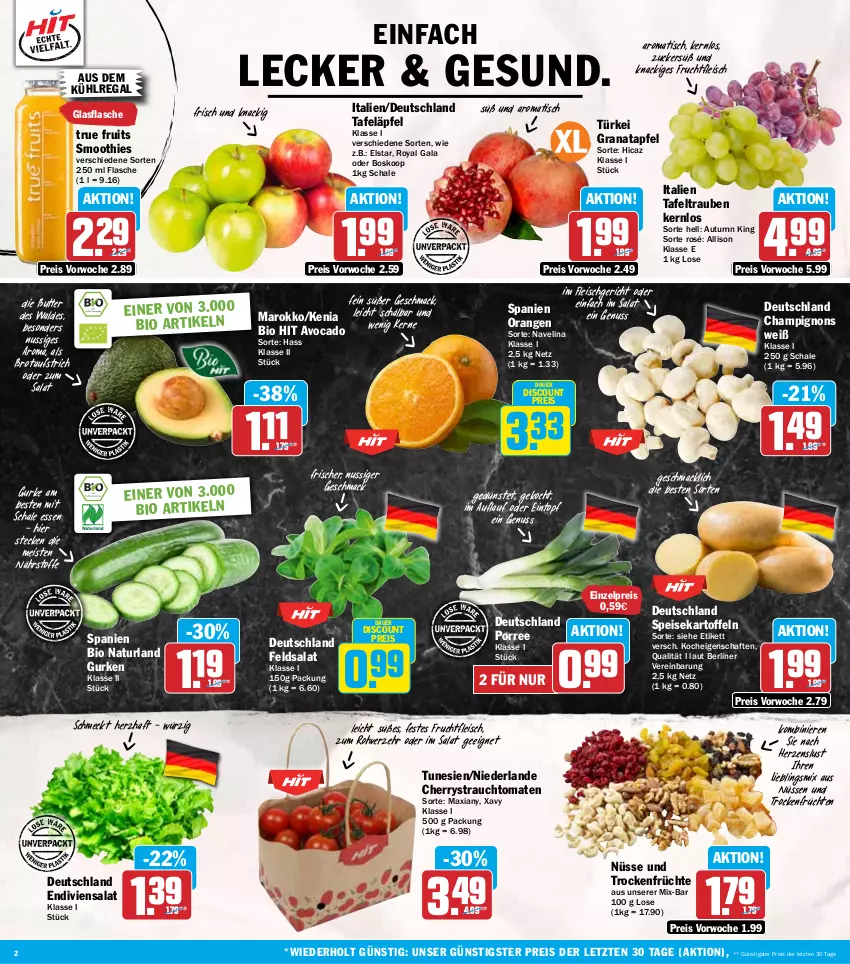 Aktueller Prospekt Hit - Wochenprospekt - von 10.11 bis 15.11.2025 - strona 2 - produkty: apfel, auer, aufstrich, aus dem kühlregal, avocado, berliner, bio, bio hit, brot, brotaufstrich, butter, champignon, champignons, discount, eintopf, eis, feldsalat, flasche, fleisch, frucht, früchte, früchten, fruchtfleisch, glasflasche, grana, granatapfel, gurke, gurken, kartoffel, kartoffeln, kühlregal, mac, natur, naturland, navelina, nuss, orange, orangen, Rana, Rauch, regal, reis, salat, Schal, Schale, smoothie, smoothies, speisekartoffeln, strauchtomaten, tafeläpfel, tafeltrauben, Ti, tisch, tomate, tomaten, topf, trauben, Trockenfrüchte, true fruits, ZTE, zucker