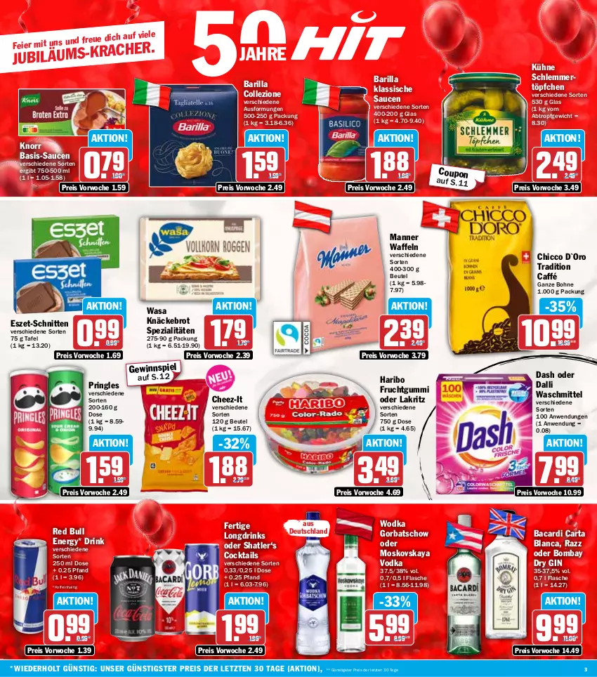 Aktueller Prospekt Hit - Wochenprospekt - von 10.11 bis 15.11.2025 - strona 3 - produkty: bacardi, barilla, beutel, bohne, brot, cocktail, cocktails, coupon, dalli, drink, drinks, dry gin, eier, eis, flasche, frucht, fruchtgummi, gewinnspiel, gin, Gorbatschow, haribo, Jubiläums, knäckebrot, knorr, Kühne, Lakritz, Manner, moskovskaya, oder lakritz, pringles, red bull, reis, ring, sauce, saucen, schlemmertöpfchen, schnitten, Spezi, Ti, Töpfchen, vodka, waffeln, wasa, waschmittel, wodka, ZTE