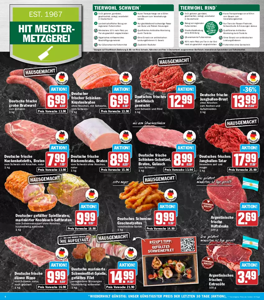Aktueller Prospekt Hit - Wochenprospekt - von 10.11 bis 15.11.2025 - strona 4 - produkty: auer, Bau, Bauer, bio, braten, bratwurst, eis, ente, entrecôte, filet, fleisch, Geflügel, geschnetzeltes, grobe bratwurst, gulasch, hackfleisch, hackfleisch gemischt, hüftsteak, hüftsteaks, jungbullen, knoblauch, kotelett, krustenbraten, küche, Küchen, Meister, monitor, nackenkoteletts, natur, pute, reis, Ria, rind, ring, Rückensteak, rückensteaks, saft, schinken, schnitzel, schwein, schwein und rind, schweine, schweinefilet, schweinenacken, Spezi, Sport, steak, steaks, Ti, Tiere, tisch, vom schwein und rind, vom schweinenacken, wein, weine, wurst, Zelt, ZTE