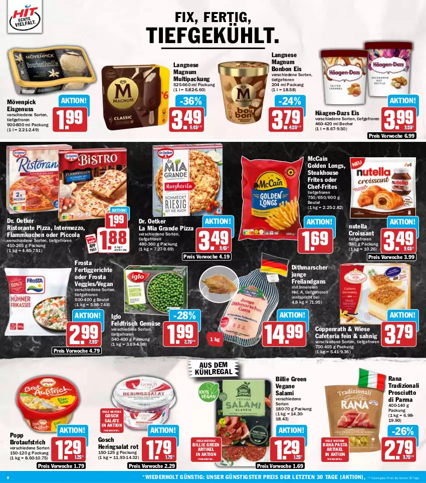 Aktueller Prospekt Hit - Wochenprospekt - von 10.11 bis 15.11.2025 - strona 8 - produkty: aufstrich, aus dem kühlregal, Becher, beutel, brot, brotaufstrich, cola, coppenrath, Croissant, Dr. Oetker, eis, fertiggericht, fertiggerichte, flammkuchen, frosta, Golden Longs, häagen-dazs, hering, Herings, iglo, intermezzo, kuchen, kühlregal, lamm, langnese, magnum, mars, mccain, mövenpick, mövenpick eis, nuss, nutella, pasta, pizza, Popp, prosciutto, Prosciutto di Parma, Rana, regal, reis, Ria, ring, ristorante, ristorante pizza, salami, salat, salate, steak, Ti, veggie, ZTE