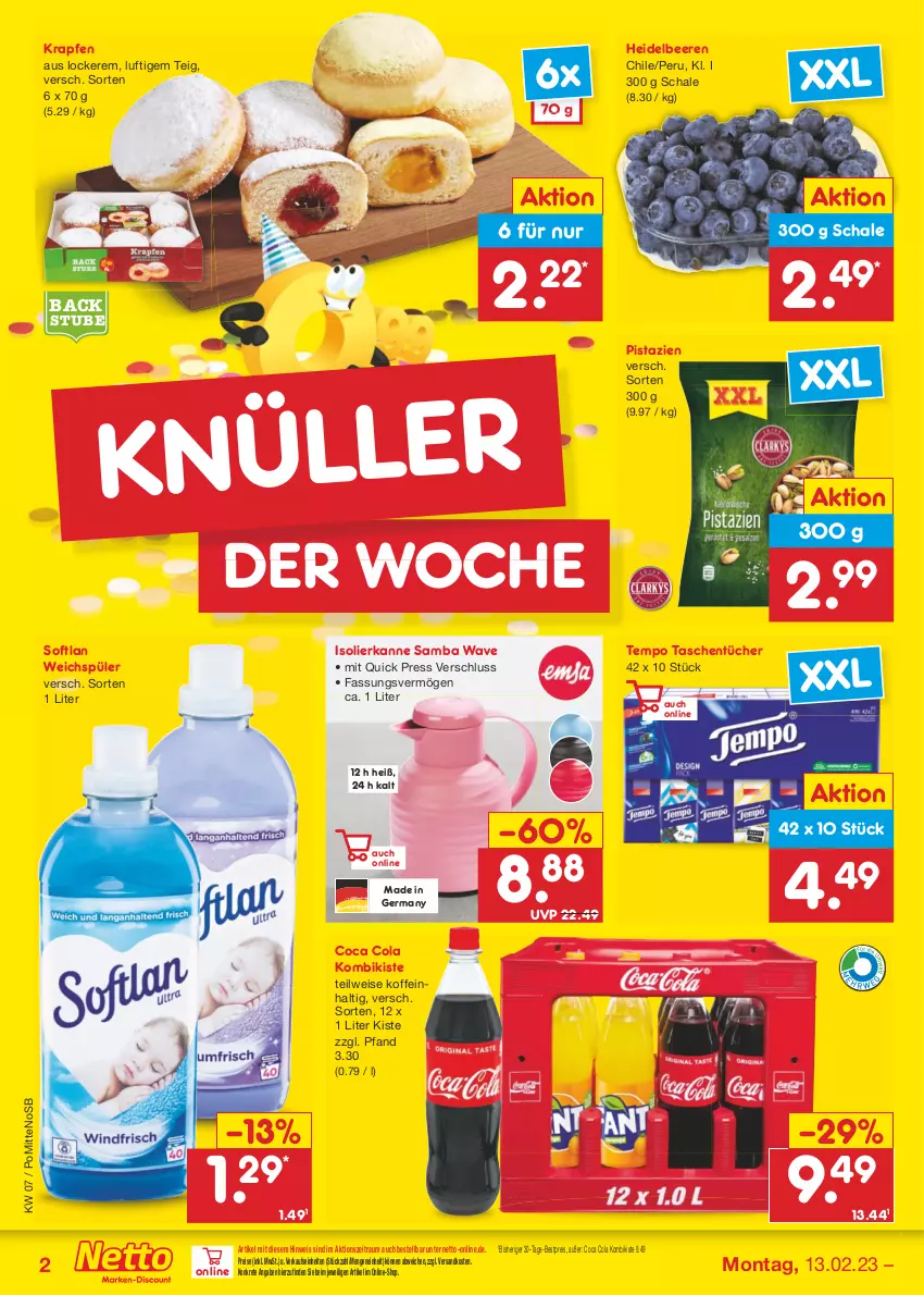 Aktueller Prospekt Netto Marken-Discount - Filial-Angebote - von 13.02 bis 18.02.2023 - strona 2 - produkty: beere, beeren, bestpreis, cola, eis, Germ, heidelbeere, heidelbeeren, isolierkanne, ndk, pistazien, reis, Schal, Schale, Softlan, stube, Tasche, taschen, taschentücher, Tempo, Ti, tücher, weichspüler