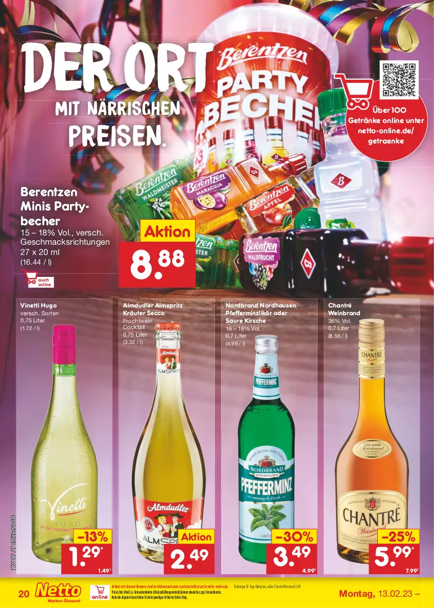 Aktueller Prospekt Netto Marken-Discount - Filial-Angebote - von 13.02 bis 18.02.2023 - strona 20 - produkty: almdudler, Becher, berentzen, bestpreis, chantré, cocktail, ecco, eis, frucht, getränk, getränke, hugo, kirsch, kirsche, kräuter, likör, mac, ndk, nordbrand, pfeffer, pfefferminzlikör, reis, Ti, wein, weinbrand