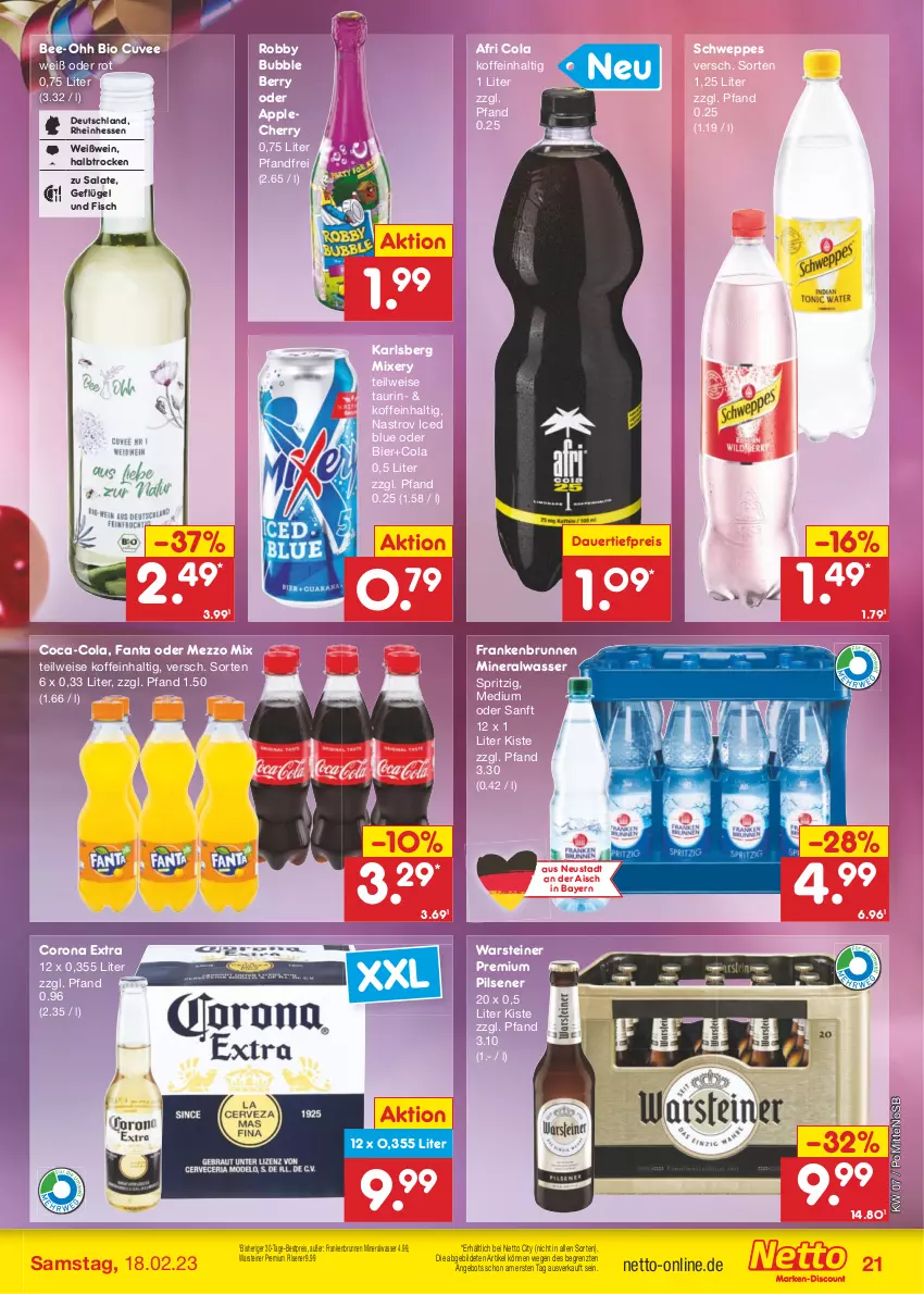 Aktueller Prospekt Netto Marken-Discount - Filial-Angebote - von 13.02 bis 18.02.2023 - strona 21 - produkty: Afri Cola, Alwa, angebot, Apple, auer, bestpreis, bier, bio, brunnen, coca-cola, cola, corona, corona extra, dauertiefpreis, eis, fanta, fanta oder, fisch, Geflügel, karlsberg, karlsberg mixery, Mezzo Mix, mineralwasser, Mixer, mixery, pils, pilsener, premium pils, reis, robby, salat, salate, schweppes, steiner, Ti, tiefpreis, warsteiner, wasser, wein, Weißwein, ZTE