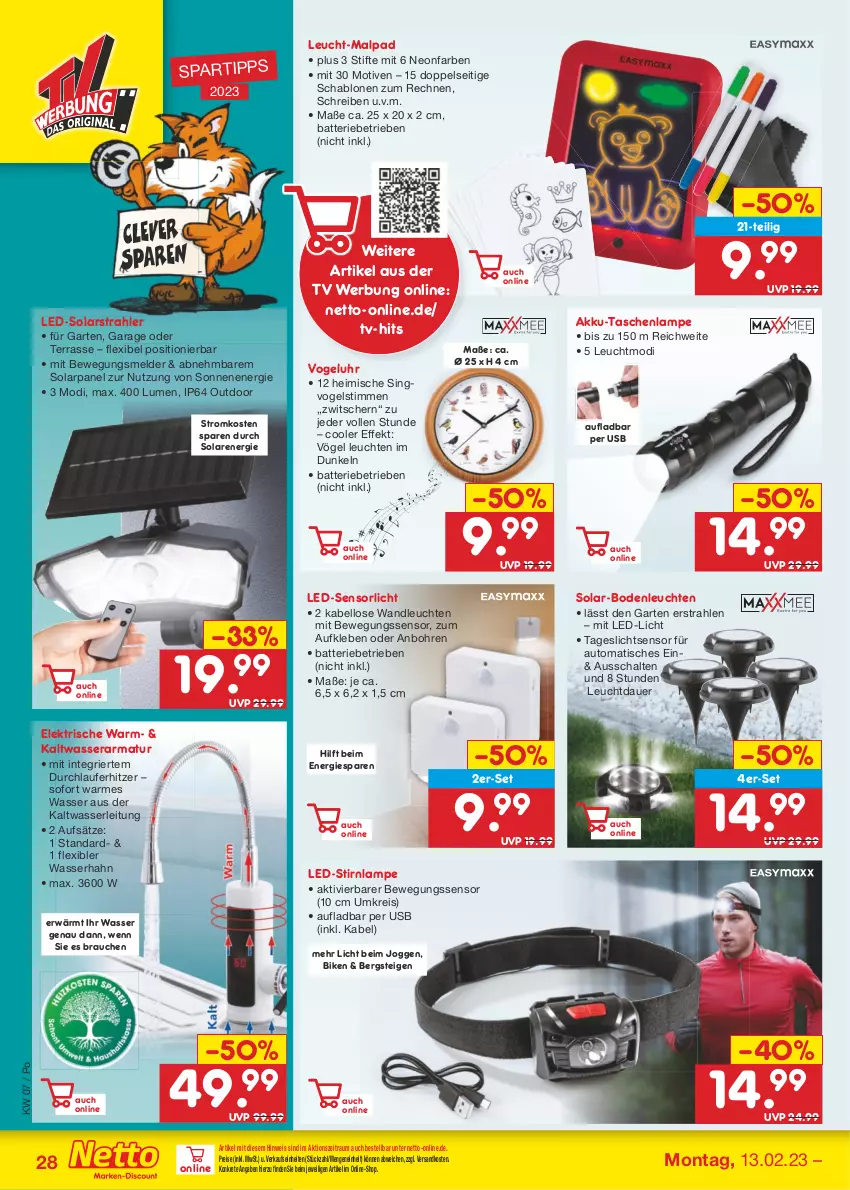 Aktueller Prospekt Netto Marken-Discount - Filial-Angebote - von 13.02 bis 18.02.2023 - strona 28 - produkty: akku, armatur, auer, auto, batterie, Bewegungssensor, eis, Garten, Lampe, led-licht, Leuchte, leuchten, ndk, Rauch, reis, Schal, spartipp, stifte, Tasche, taschen, taschenlampe, Ti, tisch, uhr, usb, wasser