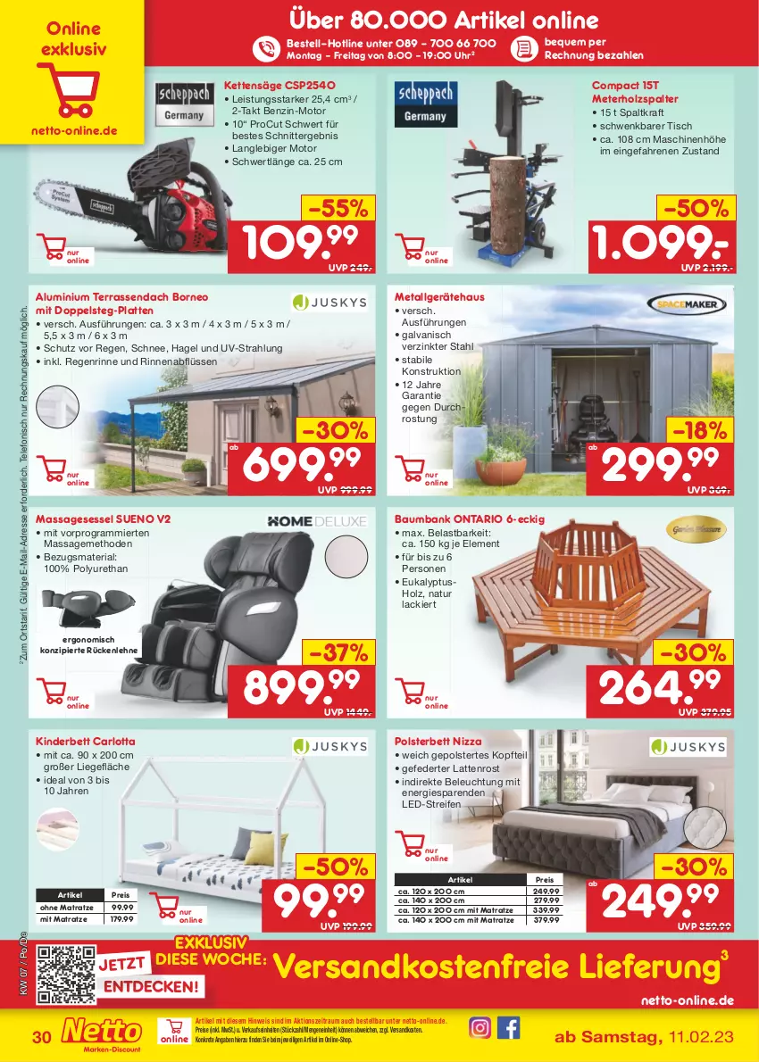 Aktueller Prospekt Netto Marken-Discount - Filial-Angebote - von 13.02 bis 18.02.2023 - strona 30 - produkty: arlo, Bank, Bau, Baumbank, beleuchtung, bett, decke, eis, Holz, Holzspalter, Kette, Kinder, Kinderbett, kraft, lack, latte, lattenrost, LG, Liege, matratze, natur, ndk, ohne matratze, polsterbett, reifen, reis, Ria, rückenlehne, säge, sessel, telefon, Ti, tisch, uhr, versandkostenfrei