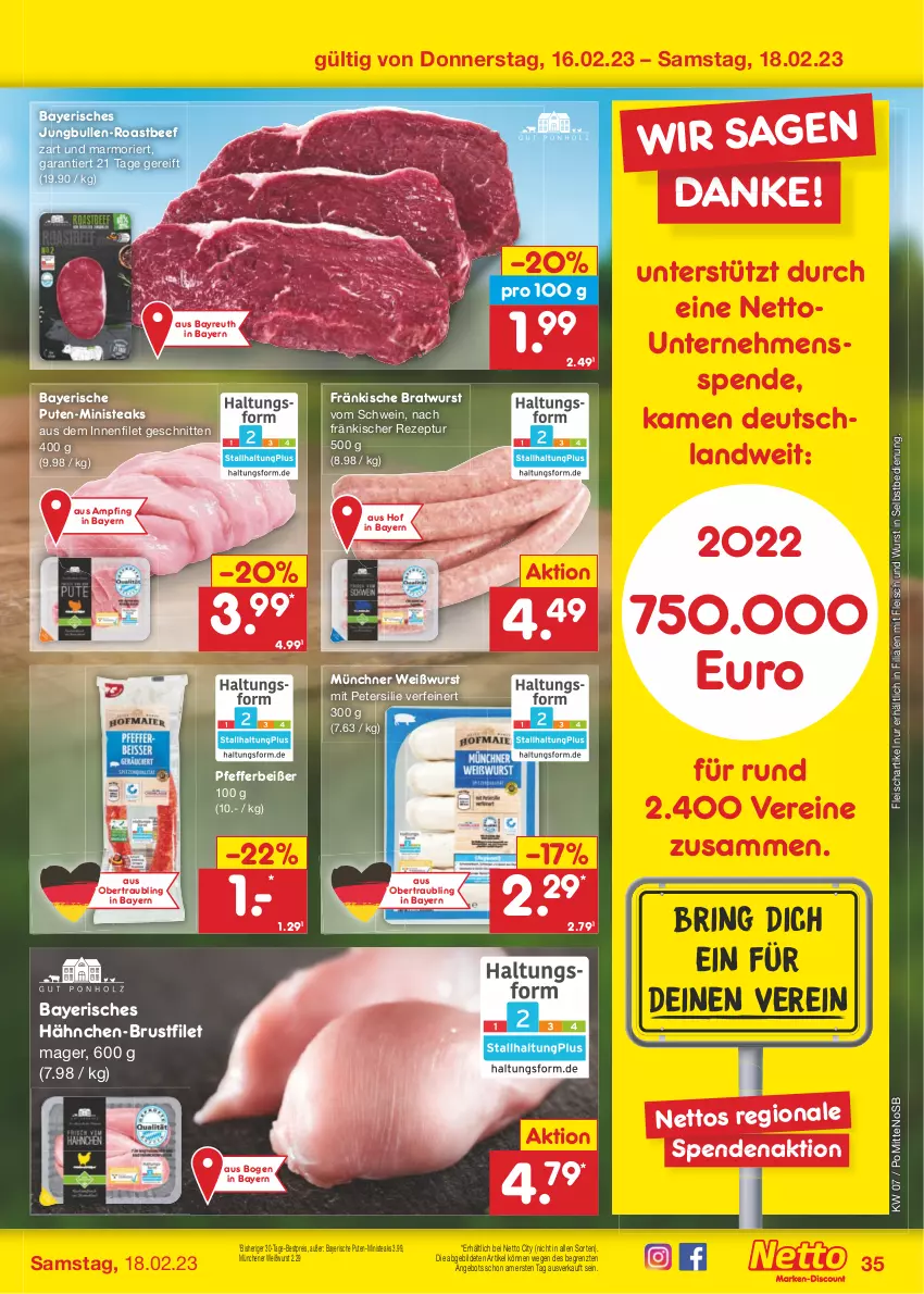 Aktueller Prospekt Netto Marken-Discount - Filial-Angebote - von 13.02 bis 18.02.2023 - strona 35 - produkty: angebot, beef, bestpreis, bratwurst, brustfilet, eis, filet, fleisch, hähnchen-brustfilet, jungbullen, petersilie, pfeffer, Pfefferbeißer, pute, reis, rezept, ring, roastbeef, schnitten, schwein, steak, steaks, Ti, wein, Weißwurst, wurst, wurst in selbstbedienung, ZTE