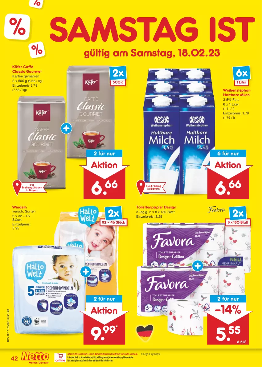 Aktueller Prospekt Netto Marken-Discount - Filial-Angebote - von 13.02 bis 18.02.2023 - strona 42 - produkty: bestpreis, Brei, eis, haltbare milch, käfer, kaffee, milch, ndk, papier, reis, Ti, toilettenpapier, weihenstephan, windeln