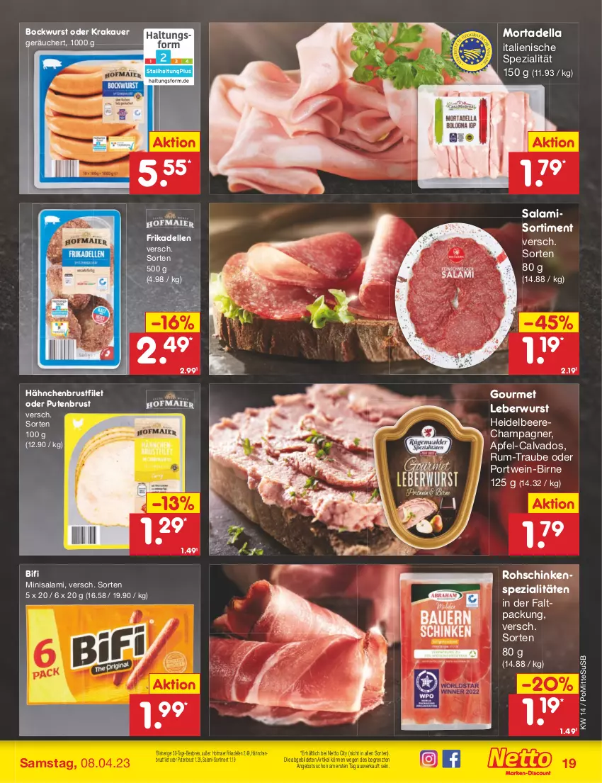 Aktueller Prospekt Netto Marken-Discount - Filial-Angebote - von 03.04 bis 08.04.2023 - strona 19 - produkty: angebot, apfel, auer, beere, bestpreis, bifi, bockwurst, brustfilet, champagne, champagner, dell, eis, elle, filet, frikadellen, hähnchenbrust, hähnchenbrustfilet, heidelbeere, krakauer, leberwurst, mortadella, Portwein, pute, putenbrust, reis, rohschinken, rum, salami, schinken, Spezi, Ti, usb, wein, wurst, ZTE