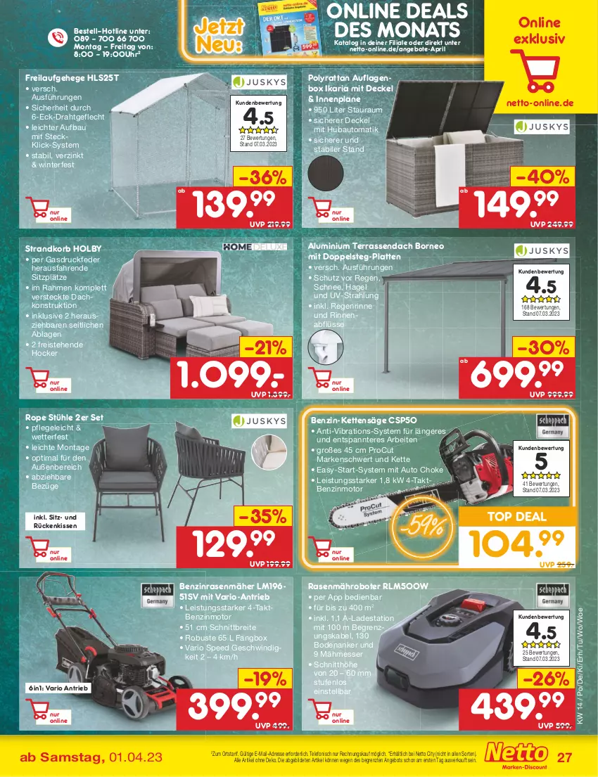 Aktueller Prospekt Netto Marken-Discount - Filial-Angebote - von 03.04 bis 08.04.2023 - strona 27 - produkty: angebot, angebote, auflagenbox, auto, Bau, Brei, decke, Deckel, Draht, eis, hocker, Kette, kissen, korb, latte, mähroboter, messer, ndk, pril, rasen, rasenmäher, reis, Ria, Rückenkissen, säge, spee, strandkorb, Stühl, telefon, Ti, uhr, ZTE