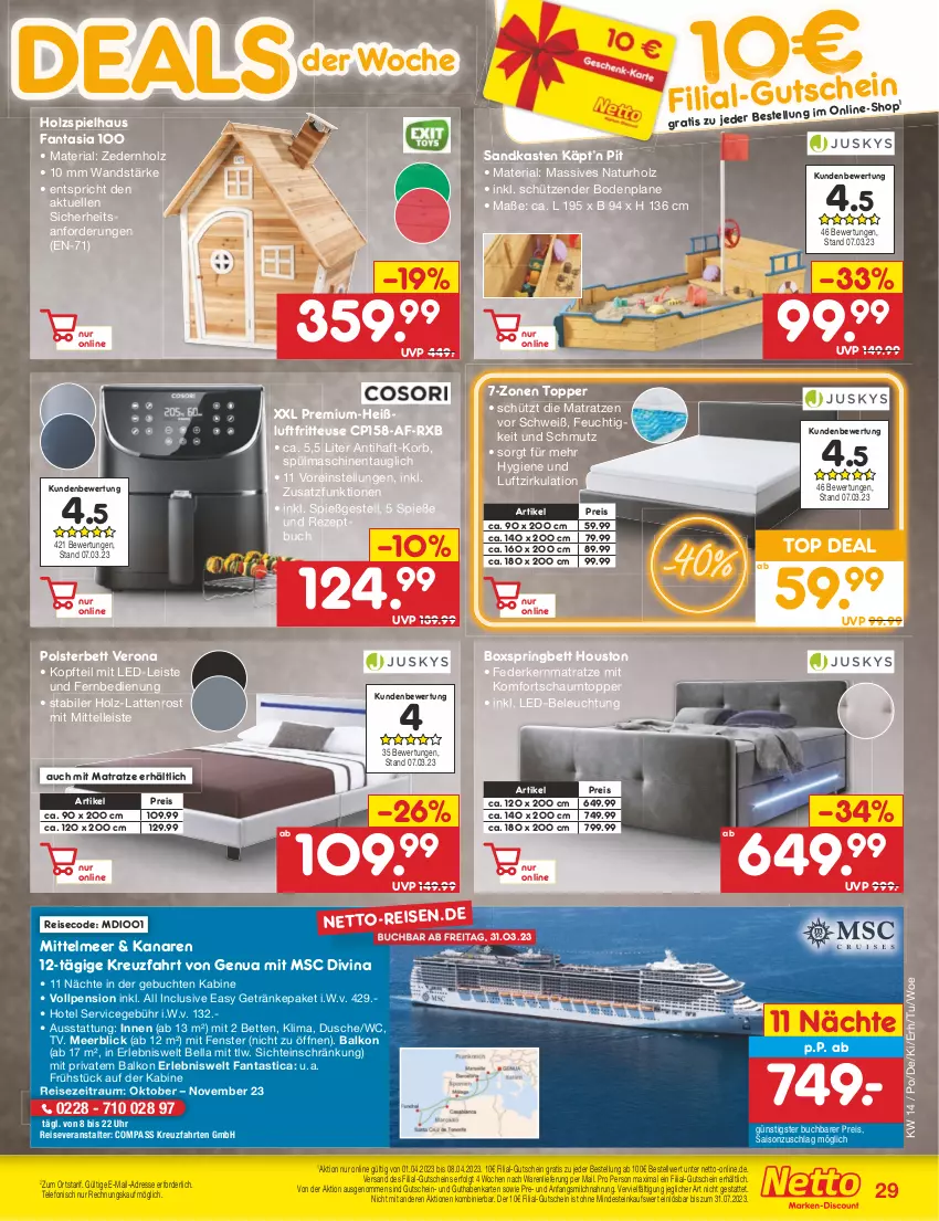 Aktueller Prospekt Netto Marken-Discount - Filial-Angebote - von 03.04 bis 08.04.2023 - strona 29 - produkty: asti, beleuchtung, bett, Betten, boxspringbett, buch, dusche, eis, elle, fanta, federkern, federkernmatratze, fenster, fernbedienung, fritteuse, getränk, getränke, guthabenkarte, gutschein, Heißluftfritteuse, Holz, kernmatratze, komfortschaumtopper, korb, kreuzfahrten, latte, lattenrost, led-beleuchtung, LG, matratze, matratzen, milch, natur, ndk, polsterbett, reis, reiseveranstalter, rezept, Ria, ring, Sandkasten, Schütze, spülmaschinen, telefon, Ti, topper, uhr