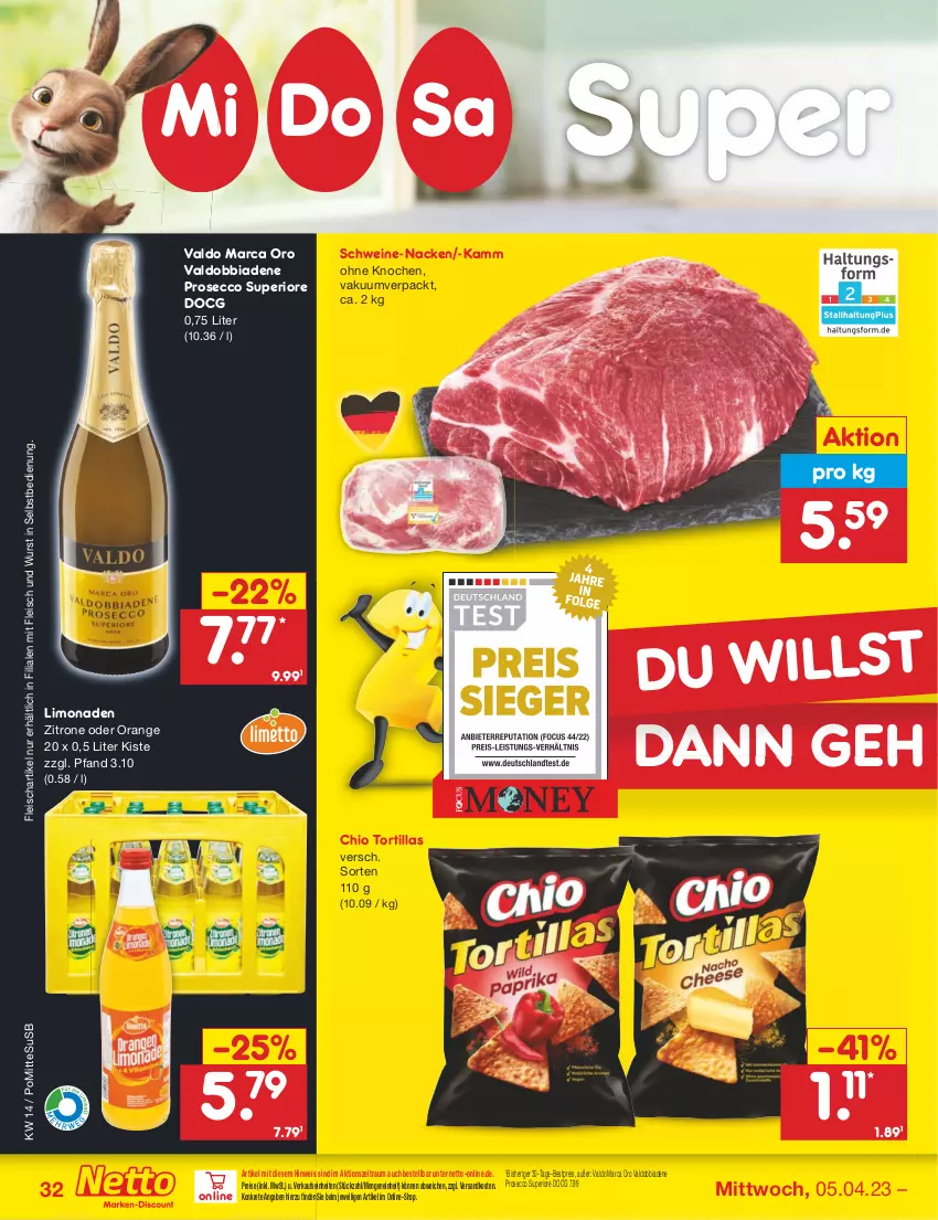 Aktueller Prospekt Netto Marken-Discount - Filial-Angebote - von 03.04 bis 08.04.2023 - strona 32 - produkty: bestpreis, ecco, eis, fleisch, limo, limonade, limonaden, ndk, orange, prosecco, reis, schwein, schweine, Ti, tortilla, tortillas, usb, valdo, wein, weine, wurst, wurst in selbstbedienung, zitrone