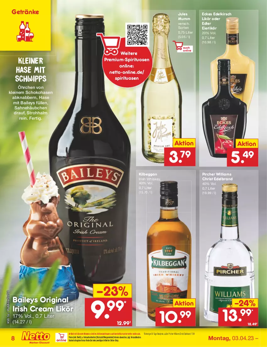 Aktueller Prospekt Netto Marken-Discount - Filial-Angebote - von 03.04 bis 08.04.2023 - strona 8 - produkty: baileys, bestpreis, eier, eierlikör, eis, getränk, getränke, gin, irish cream, irish whiskey, jules mumm, kilbeggan, kirsch, leine, likör, mumm, ndk, pircher, reis, sahne, schoko, spirituosen, Ti, usb, whiskey