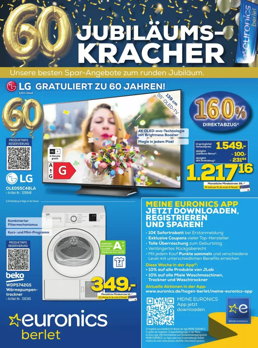 Aktueller Prospekt Euronics - Prospekte - von 07.10 bis 12.10.2024 - strona 1 - produkty: coupon, coupons, eis, elle, Jubiläums, Kette, leds, LG, miele, reis, sofortrabatt, teller, Ti, waschmaschine, waschmaschinen