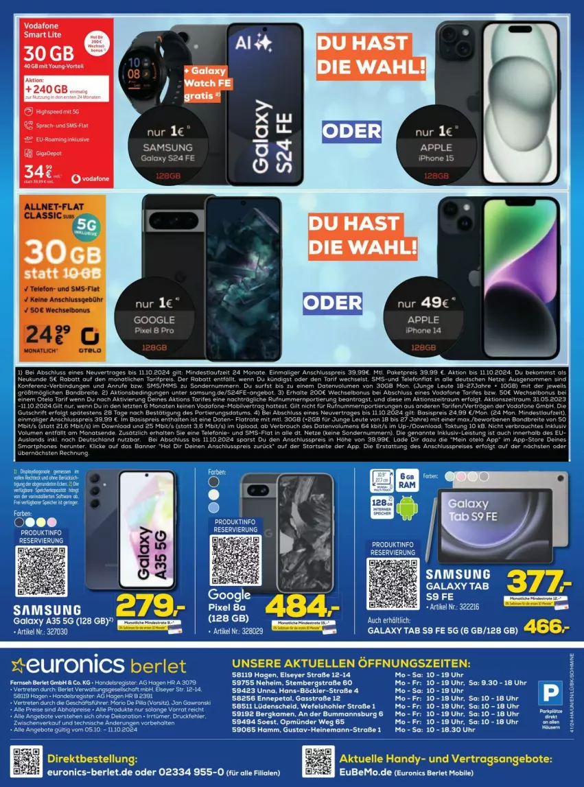 Aktueller Prospekt Euronics - Prospekte - von 07.10 bis 12.10.2024 - strona 12 - produkty: angebot, angebote, Apple, apple iphone, beko, Brei, eier, elle, ente, Handy, iphone, K2, Samsung, samsung galaxy, Samsung Galaxy S, tee, Ti, uhr, vodafone, Yo