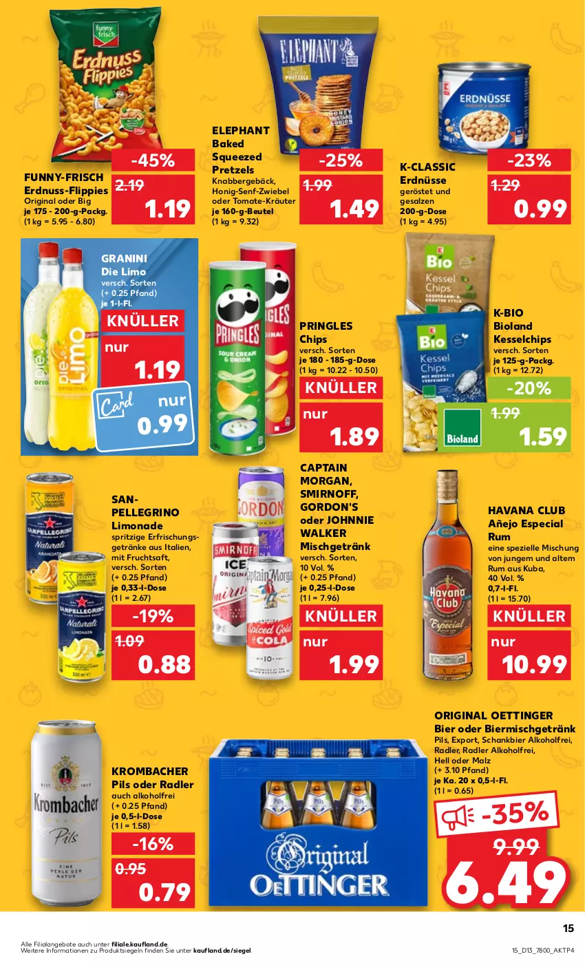 Aktueller Prospekt Kaufland - Prospekt - von 28.03 bis 03.04.2024 - strona 15 - produkty: alkohol, angebot, angebote, beutel, bier, bio, bioland, Cap, captain morgan, chips, elle, erdnuss, erdnüsse, erfrischungsgetränk, erfrischungsgetränke, flippies, frucht, fruchtsaft, funny-frisch, getränk, getränke, gin, gordon, gordon's, granini, granini die limo, Havana Club, honig, Honig-Senf, johnnie walker, kräuter, krombache, krombacher, krombacher pils, limo, limonade, malz, mit frucht, nuss, oder radler, oettinger, pils, Pretzel, pringles, radler, ring, rum, saft, salz, sanpellegrino, Schankbier, senf, smirnoff, Spezi, Ti, tomate, zwiebel