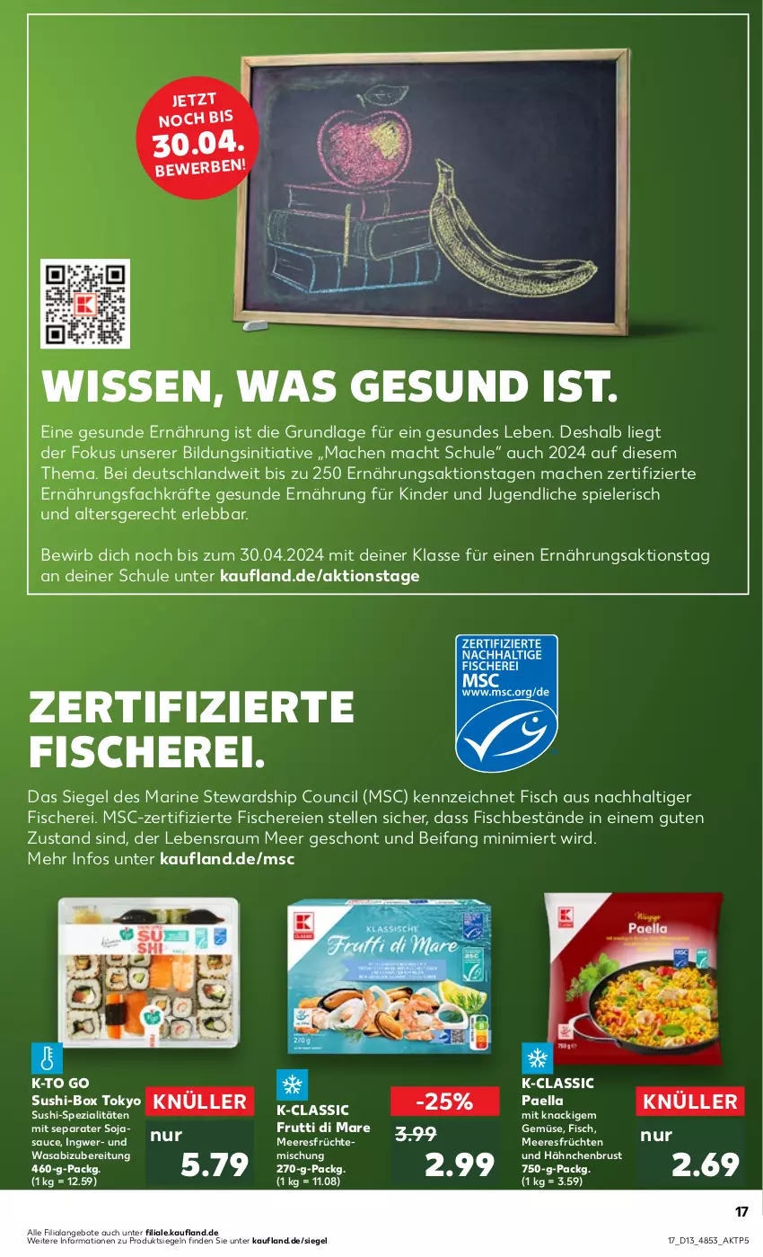 Aktueller Prospekt Kaufland - Prospekt - von 28.03 bis 03.04.2024 - strona 17 - produkty: angebot, angebote, elle, fisch, fische, Fischer, früchte, früchten, frutti di mare, hähnchenbrust, ingwer, Kinder, mac, meeresfrüchte, paella, sauce, Schere, soja, sojasauce, Spezi, Spiele, Sushi, Ti, wasa, Yo