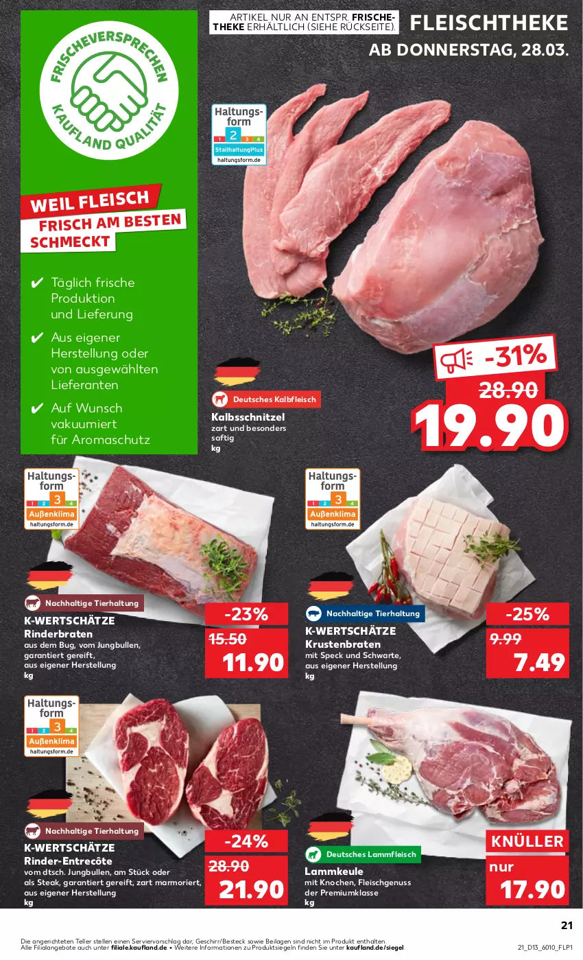 Aktueller Prospekt Kaufland - Prospekt - von 28.03 bis 03.04.2024 - strona 21 - produkty: angebot, angebote, besteck, braten, eis, elle, entrecôte, fleisch, geschirr, ilag, jungbullen, Kalbfleisch, kalbsschnitzel, krustenbraten, lamm, Lammfleisch, lammkeule, nuss, rind, rinder, rinderbraten, saft, schnitzel, Speck, steak, teller, Ti