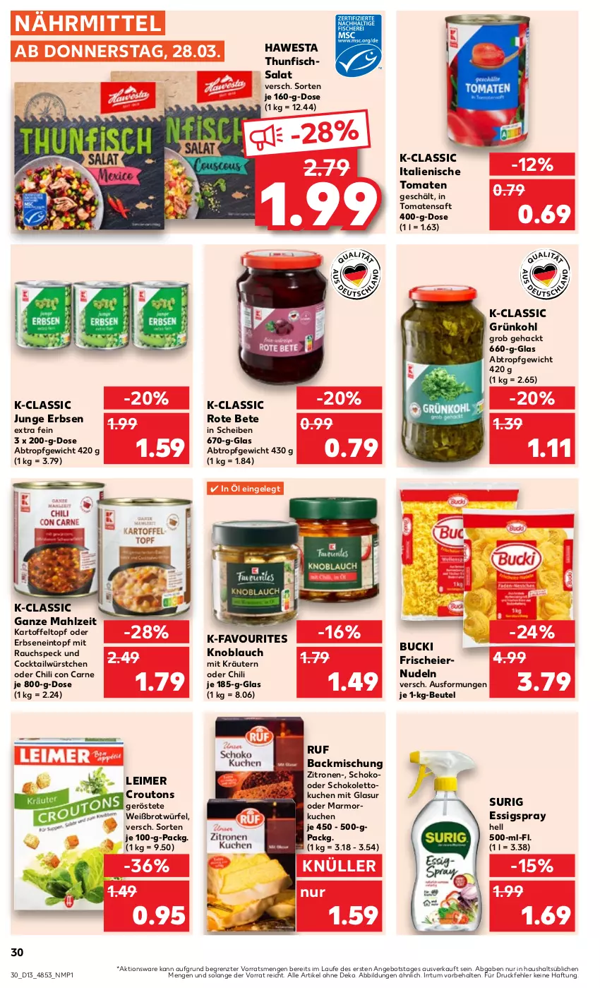 Aktueller Prospekt Kaufland - Prospekt - von 28.03 bis 03.04.2024 - strona 30 - produkty: angebot, backmischung, beutel, brot, chili, cocktail, croutons, eier, eiernudeln, eimer, eintopf, erbsen, essig, fisch, hawesta, junge erbsen, kartoffel, knoblauch, kräuter, kräutern, kuchen, leimer, Marmorkuchen, nudel, nudeln, Rauch, rote bete, saft, salat, schoko, Speck, thunfisch, Thunfischsalat, Ti, tomate, tomaten, Tomatensaft, topf, würfel, würstchen, zitrone, zitronen, ZTE