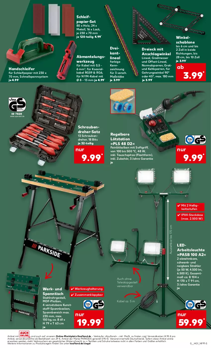 Aktueller Prospekt Kaufland - Prospekt - von 28.03 bis 03.04.2024 - strona 39 - produkty: Arbeitsleuchte, batterie, batterien, eis, erde, gsw, Holz, lack, latte, Leuchte, Mantel, messer, ndk, papier, Parkside, Rauch, rel, rwe, Schleifpapier, schrauben, Schraubendreher, schuhe, schwamm, steckdose, Teleskop, Ti, tisch, versandkostenfrei, Waage, wasser, werkzeug, Werkzeughalter