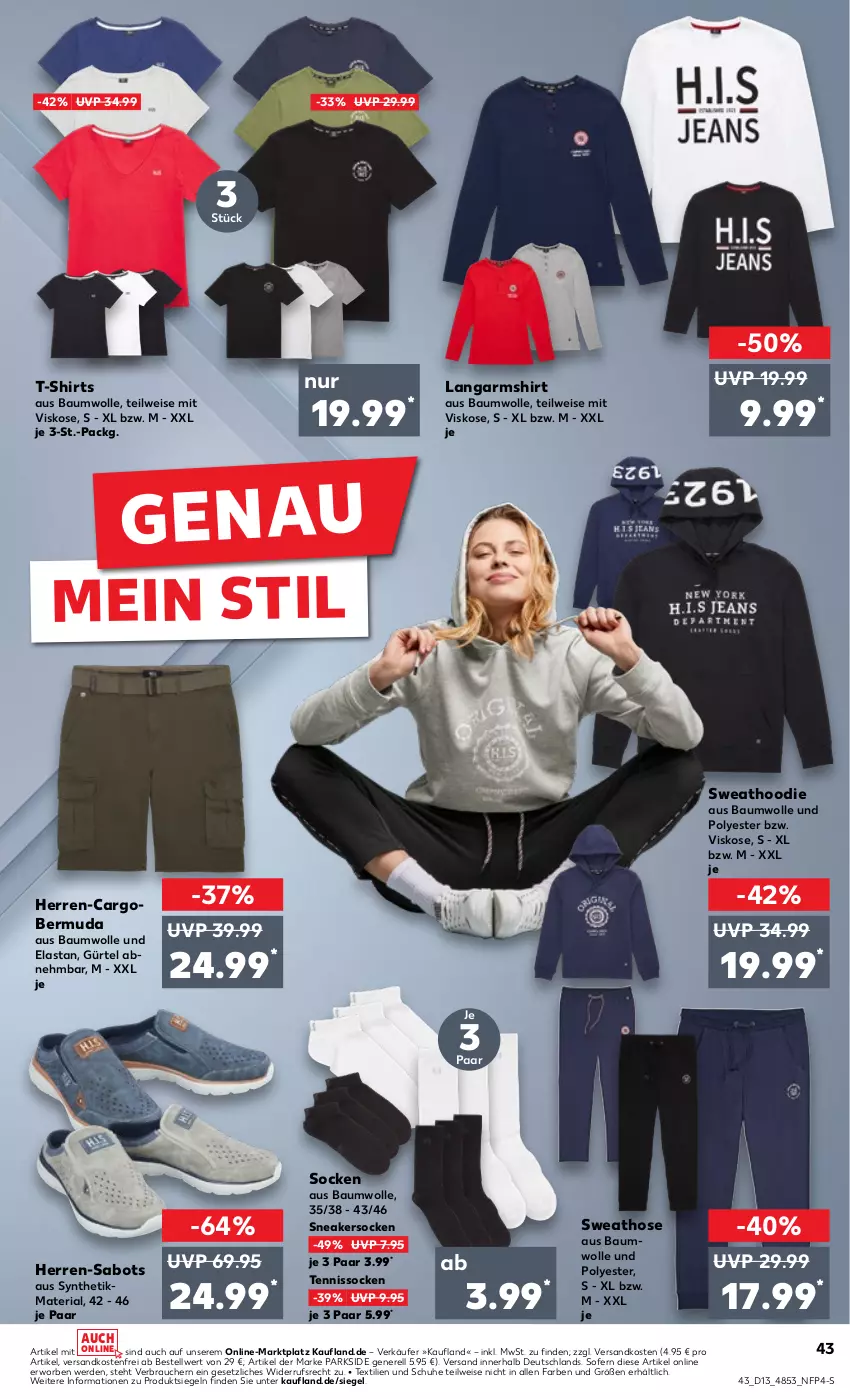 Aktueller Prospekt Kaufland - Prospekt - von 28.03 bis 03.04.2024 - strona 45 - produkty: Bau, baumwolle, bermuda, eis, erde, hose, Langarmshirt, ndk, Parkside, Rauch, rel, Ria, Sabots, schuhe, shirt, shirts, sneaker, sneakersocken, socken, Sweathose, T-Shirt, Ti, versandkostenfrei, wolle