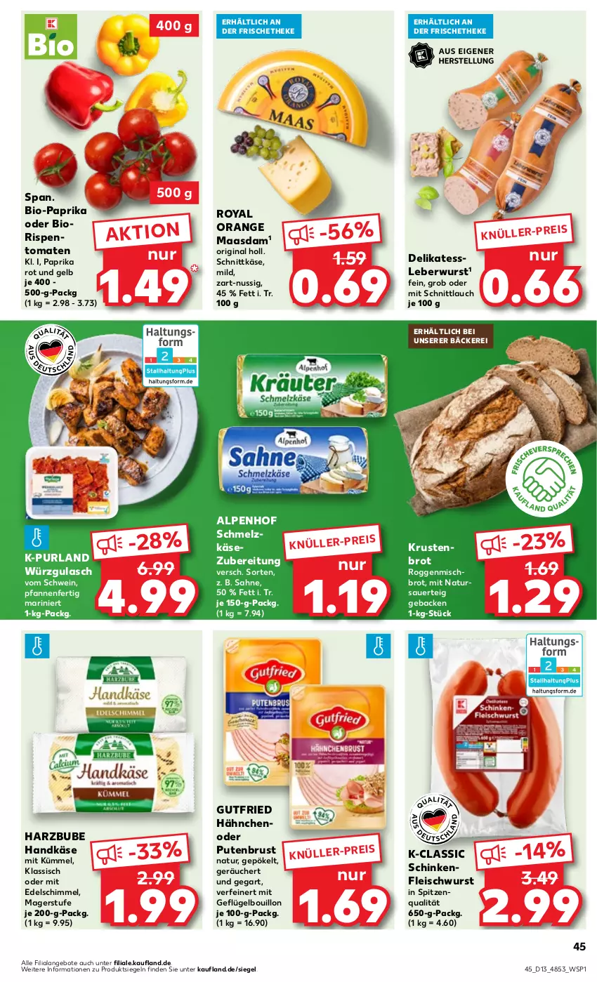 Aktueller Prospekt Kaufland - Prospekt - von 28.03 bis 03.04.2024 - strona 47 - produkty: angebot, angebote, auer, bio, Bio-Paprika, brot, eis, fleisch, fleischwurst, geback, Geflügel, gin, gulasch, gutfried, Käse, Krustenbrot, leberwurst, Maasdam, natur, ndk, nuss, orange, paprika, paprika rot, pfanne, pfannen, purland, pute, putenbrust, rispentomaten, sahne, schinken, schinkenfleischwurst, schnittkäse, schnittlauch, schwein, spitzenqualität, Ti, tomate, tomaten, wein, wurst