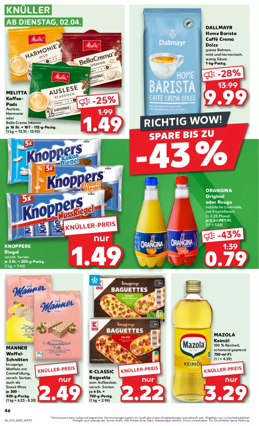 Aktueller Prospekt Kaufland - Prospekt - von 28.03 bis 03.04.2024 - strona 48 - produkty: angebot, baguette, bella crema, bohne, bohnen, caffè crema, creme, dallmayr, eis, fleisch, frucht, fruchtfleisch, gin, intenso, kaffee, kaffeepads, keimöl, knoppers, limo, limonade, Manner, mazola, melitta, mit frucht, orangina, riegel, rouge, schnitten, snack, Ti, waffeln, Waffelschnitte, ZTE