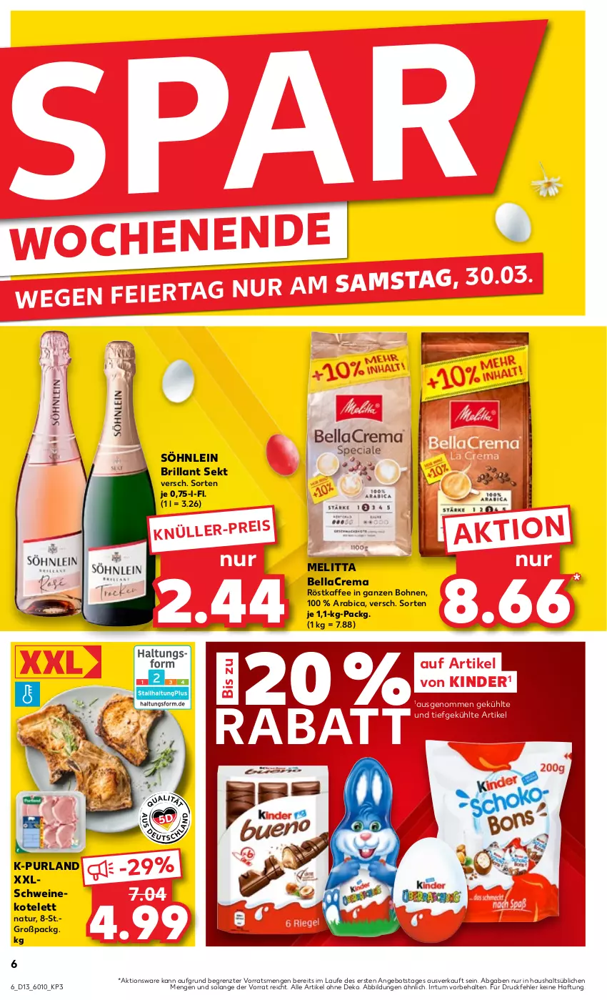 Aktueller Prospekt Kaufland - Prospekt - von 28.03 bis 03.04.2024 - strona 6 - produkty: angebot, bellacrema, bohne, bohnen, brillant sekt, eis, kaffee, Kinder, kotelett, melitta, natur, purland, röstkaffee, schwein, schweine, schweinekotelett, sekt, söhnlein, söhnlein brillant, Ti, wein, weine, ZTE