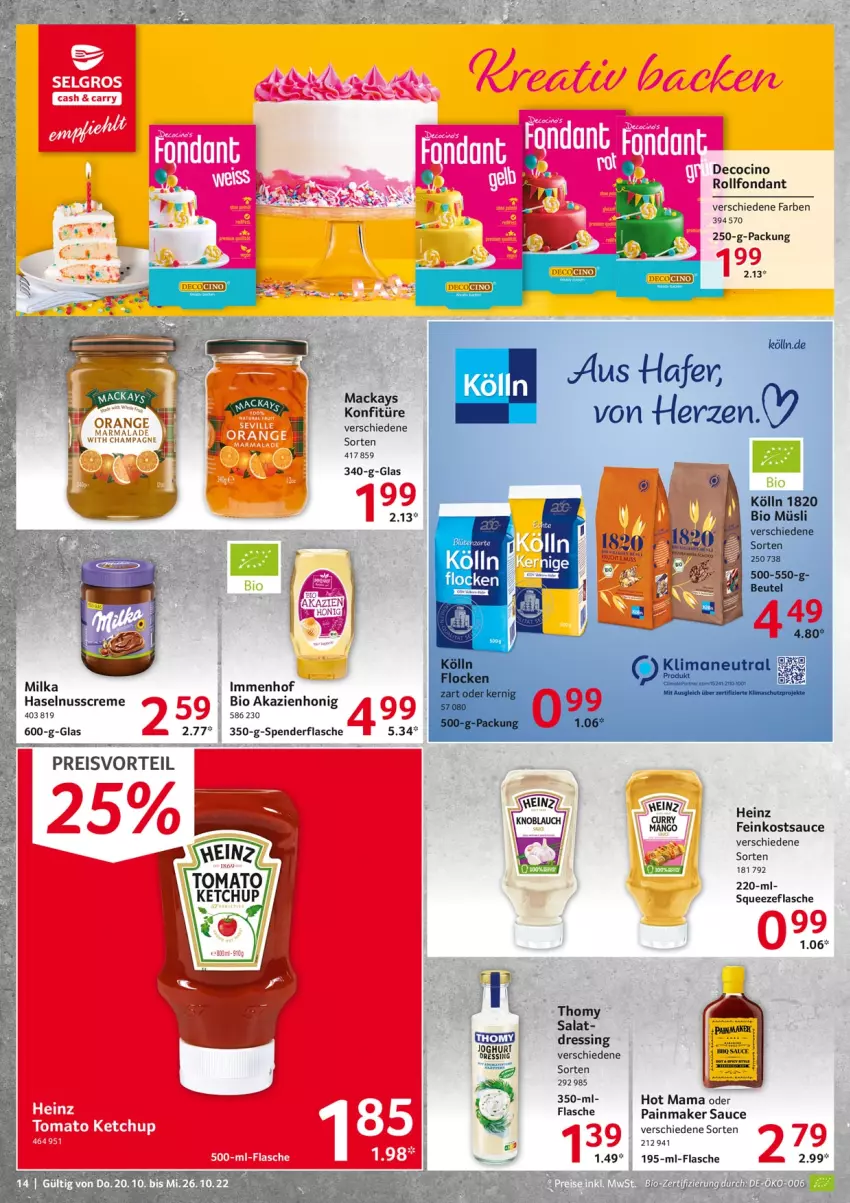 Aktueller Prospekt Selgros - Food - von 20.10 bis 26.10.2022 - strona 14 - produkty: beutel, bio, cin, creme, dressing, eis, feinkost, flasche, haselnuss, Haselnusscreme, honig, joghur, joghurt, ketchup, kölln, konfitüre, LG, mac, mam, mango, müsli, nuss, preisvorteil, reis, salat, sauce, thomy, Ti