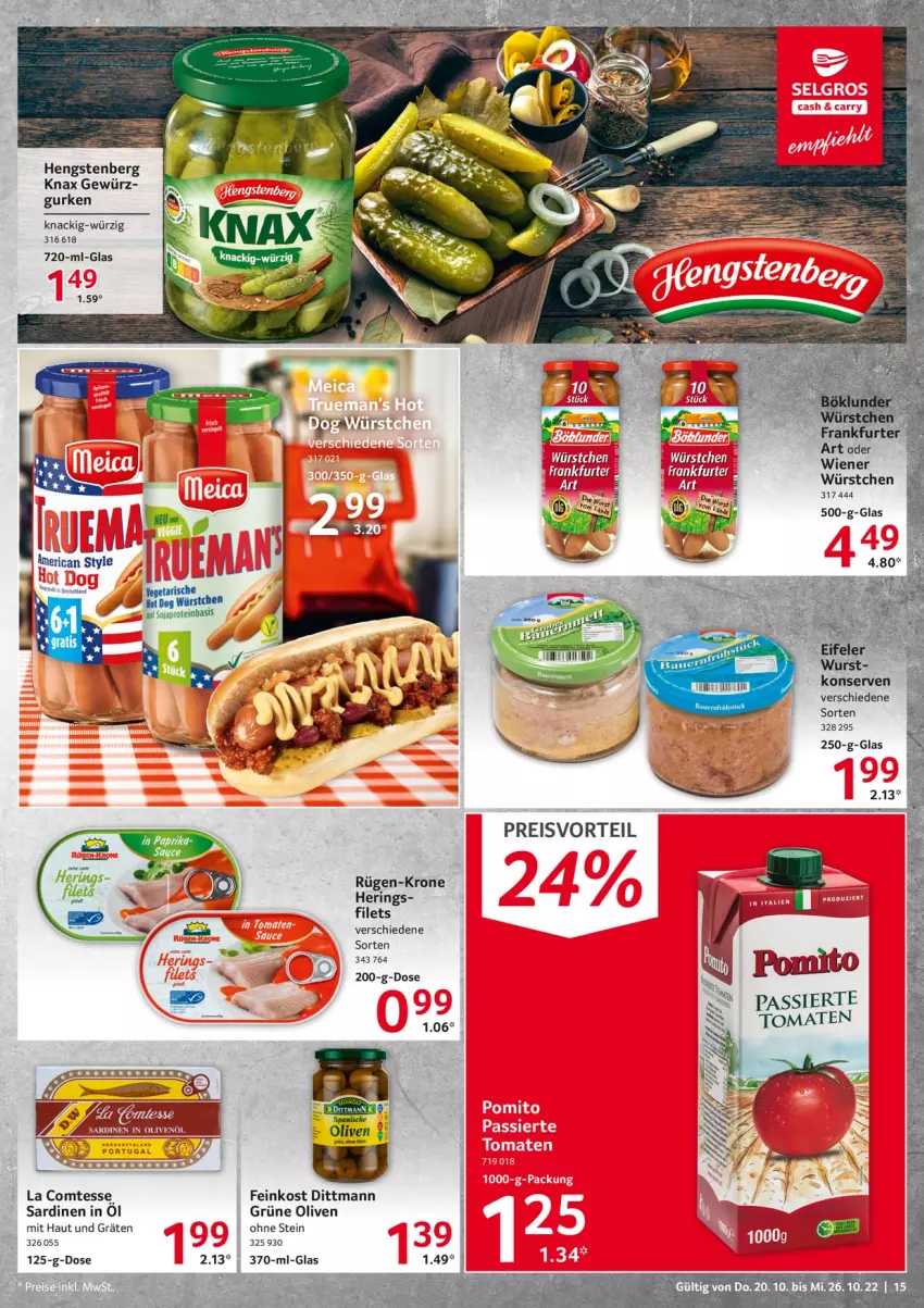 Aktueller Prospekt Selgros - Food - von 20.10 bis 26.10.2022 - strona 15 - produkty: comtess, dittmann, eis, feinkost, filet, filets, frankfurter, gewürz, grüne oliven, gurke, gurken, hengstenberg, hering, Herings, Konserven, krone, olive, oliven, paprika, preisvorteil, reis, ring, Sardinen, soja, Ti, wiener, wurst, würstchen