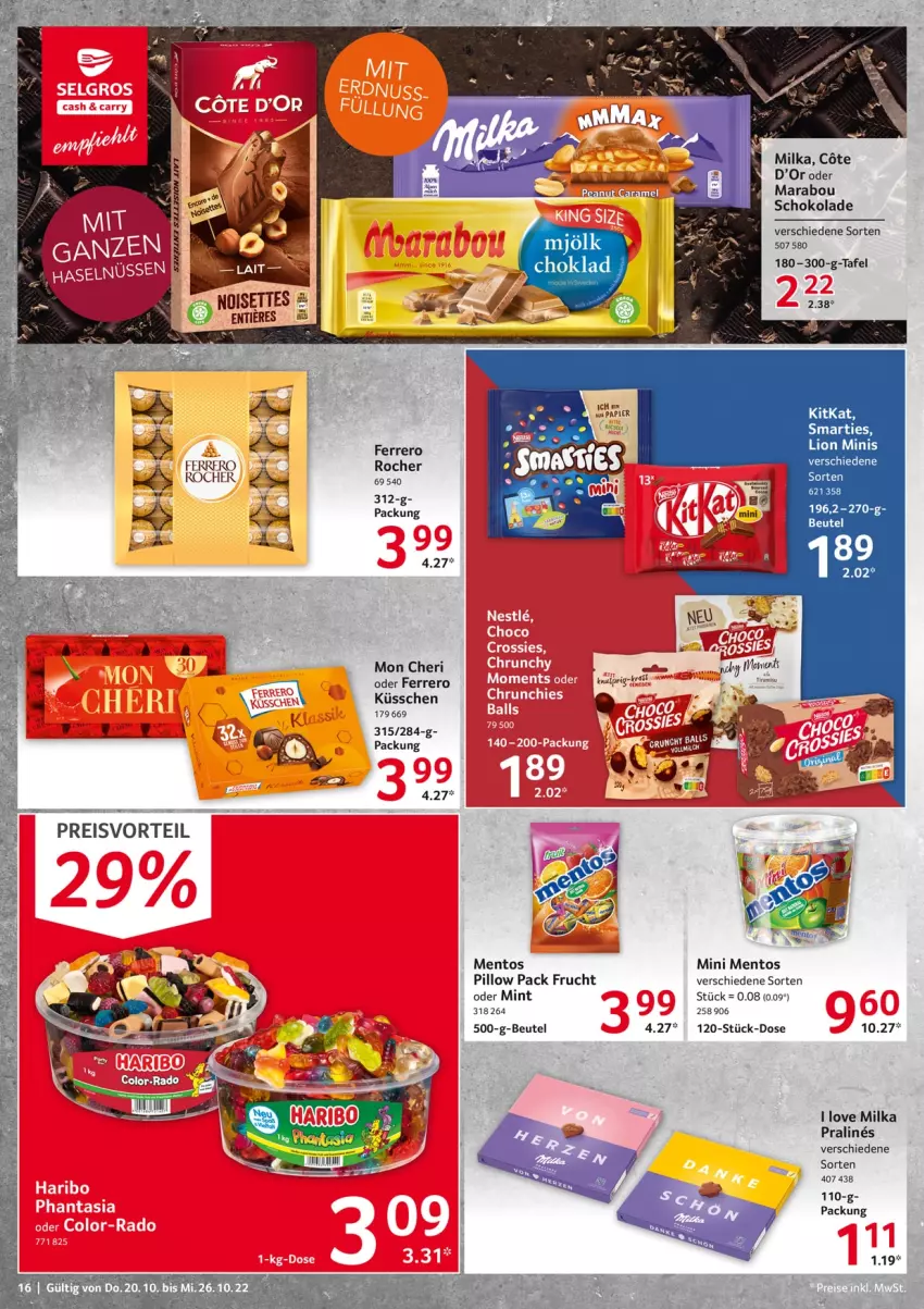 Aktueller Prospekt Selgros - Food - von 20.10 bis 26.10.2022 - strona 16 - produkty: beutel, eier, eis, ferrero, Ferrero Küsschen, frucht, kitkat, lion, Marabou, mentos, milka, mint, preisvorteil, reis, schoko, schokolade, smarties, Ti