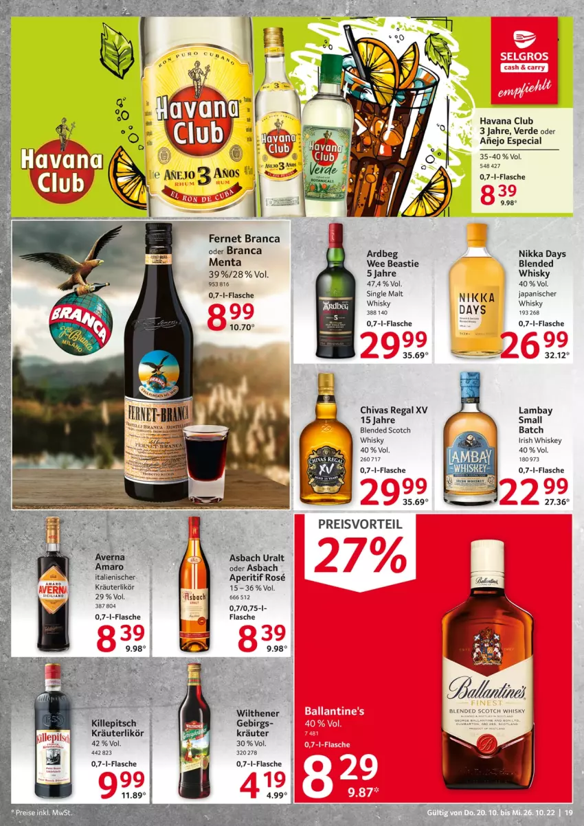 Aktueller Prospekt Selgros - Food - von 20.10 bis 26.10.2022 - strona 19 - produkty: amaro, aperitif, Ardbeg, asbach uralt, asti, blended scotch, eis, erde, Fernet, fernet branca, flasche, Havana Club, irish whiskey, kräuter, kräuterlikör, likör, preisvorteil, regal, reis, scotch, single malt, Ti, whiskey, whisky