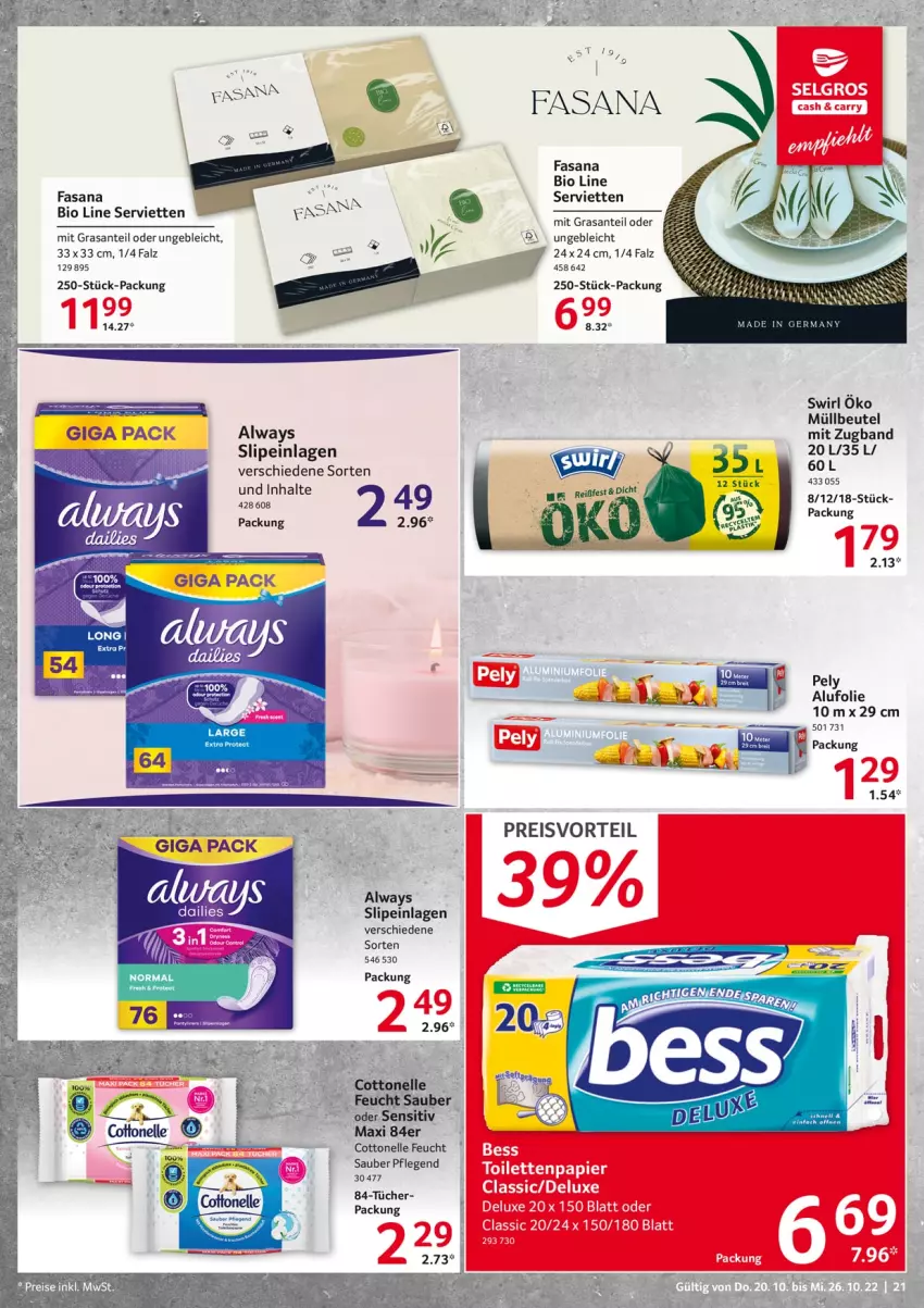 Aktueller Prospekt Selgros - Food - von 20.10 bis 26.10.2022 - strona 21 - produkty: Alwa, Always, beutel, bio, cottonelle, eis, elle, Germ, müllbeutel, pely, preisvorteil, reis, sana, SANTE, Serviette, servietten, slip, slipeinlagen, swirl, Ti, tücher, Yo