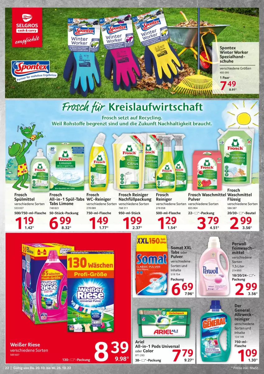 Aktueller Prospekt Selgros - Food - von 20.10 bis 26.10.2022 - strona 22 - produkty: ariel, beutel, Clin, eis, flasche, Frosch, LG, limo, Pods, Rauch, reiniger, reis, schuhe, somat, Spezi, spontex, spülmittel, Ti, waschmittel, wc-reiniger